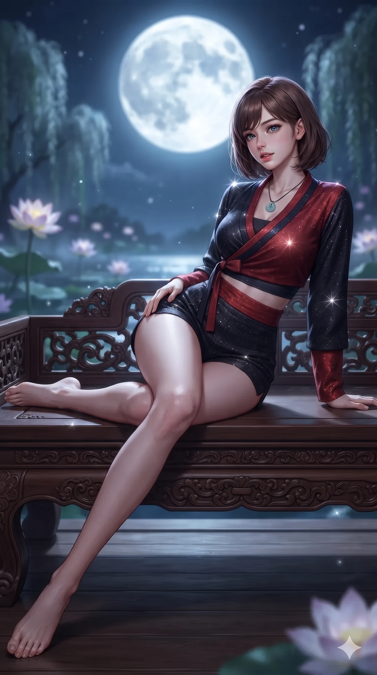 score_9, masterpiece, best quality, ultra-detailed, high-budget anime keyframe, editorial fashion photography, tasteful artistic composition, Caucasian woman. low angle full-body shot from head to toe showing her feet, filling the entire 9:16 vertical frame with her statuesque presence, stretching her vertical silhouette. executing a slow, graceful pivot turn as her silk wrap skirt sways around her slender legs, glancing back with an enchanting, teasing sensual expression while reclining gracefully across the carved teak daybed with one leg extended, her sculpted silhouette and flat midriff radiating nocturnal serenity. The background shows a soft-focus the giant glowing harvest full moon, floating lotus blossoms, and misty willow trees blurred into silver, jade, and amethyst bokeh. She has an absolutely perfect, statuesque 8.5-heads proportion, an exceptionally tall and slender model-like female figure with impossibly long slender legs, an ultra-slim waist, a flat toned midriff, narrow delicate ribcage, and beautifully sculpted feminine hips creating a graceful, slim hourglass silhouette without any bulky heaviness. sharp v-shaped jawline, high-bridge nose, sparkling eyes with hypnotic seductive depth, thick curled eyelashes, glossy parted lips with a natural dewy peach sheen, alluring bedroom-eyes with an enchanting coquettish smile, exuding magnetic siren charisma and sophisticated glamour, flawlessly proportioned anatomical accuracy, strict slender model proportions, natural body alignment, perfectly sculpted long slender limbs, ultra-slim waistline, clean dynamic posture without body distortion. wearing a deep V-neck wrap jeogori blouse layered over an opaque silk bandeau and high-waisted wrap shorts in midnight obsidian black and rich cinnabar red, woven from metallic lurex thread casting radiant starlight glints across her silhouette, finished with a minimalist celadon porcelain pendant on a fine silk cord, the liquid-tight tailored fabric clinging flawlessly to her narrow waist and rounded feminine hips, emphasizing every millimeter of her sculpted slim hourglass curves without any bulky heaviness. bathed in pure silver moonlight cascading directly from the harvest full moon above. ultra-reflective glossy finish, specular highlights, rich textural contrasts, high-contrast stereoscopic depth, volumetric dynamic lighting, 2k, ultra detail, master piece, 9:16 ratio