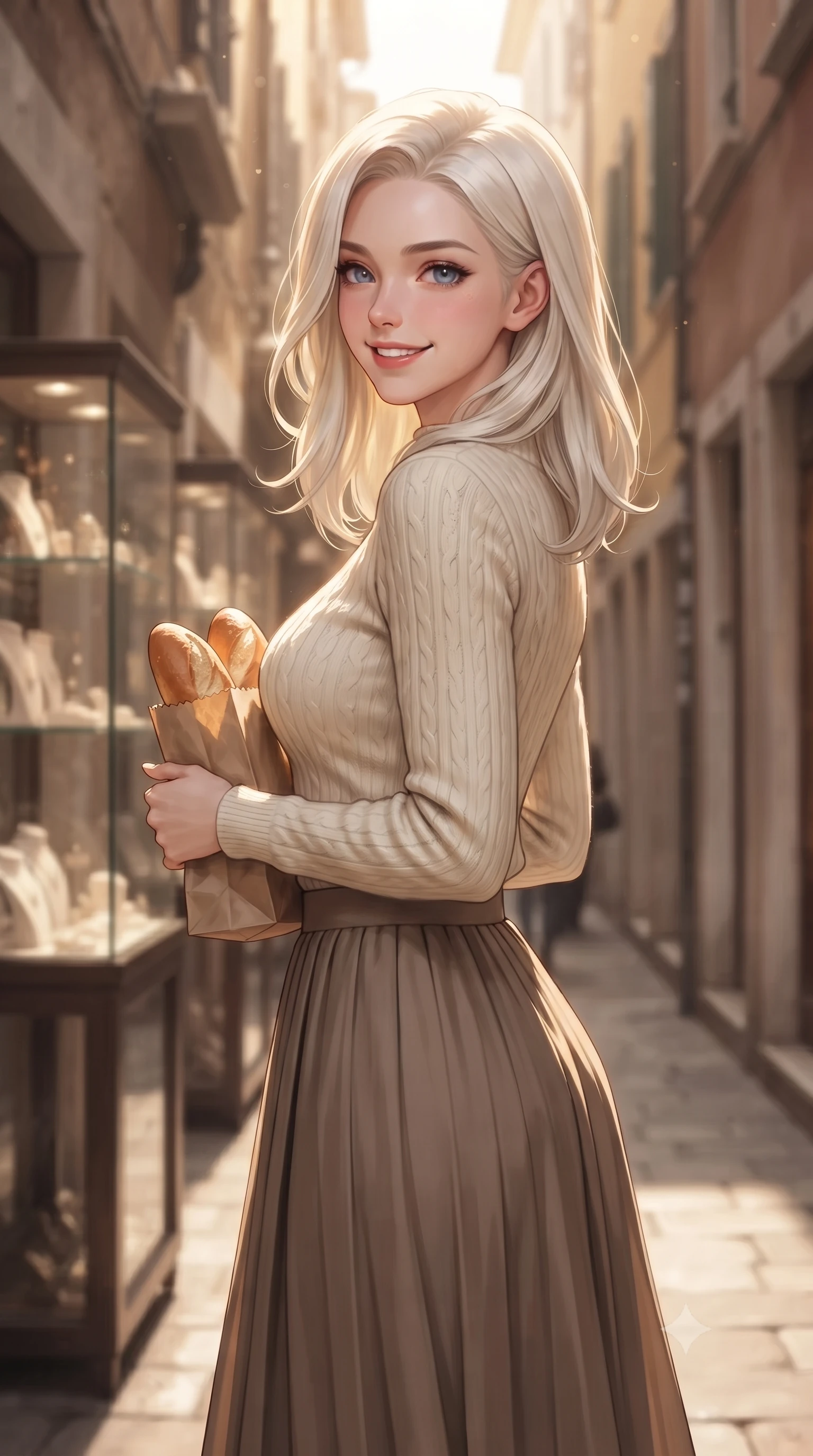 score_9, masterpiece, best quality, ultra-detailed, high-budget anime keyframe, editorial fashion photography, tasteful artistic composition, Caucasian woman. close-up cowboy shot from the waist and thighs up, the character dominates the composition, filling the frame with her large presence, background elements kept in soft focus. smiling with a playful and cute half-smile, glancing sidelong over her shoulder set against a soft-focus background of in front of a small handmade accessory boutique with glass showcases holding a small paper bag of fresh warm bread, smiling cutely. She has an exceptionally elegant, slender, and willowy female figure with an ultra-slim waist, a gracefully sculpted slender torso, and a refined silhouette. sharp v-shaped jawline, high-bridge nose, intricate jewel-like eyes with depth, thick eyelashes, glossy lips with a natural sheen. wearing form-contouring cozy knit sweater in cream, paired with a flowy pleated midi skirt. warm afternoon sunlight filtering down between the narrow alley buildings. ultra-reflective glossy finish, specular highlights, metallic sheen, high-contrast stereoscopic depth, volumetric dynamic lighting, 2k, ultra detail, master piece, 9:16 ratio