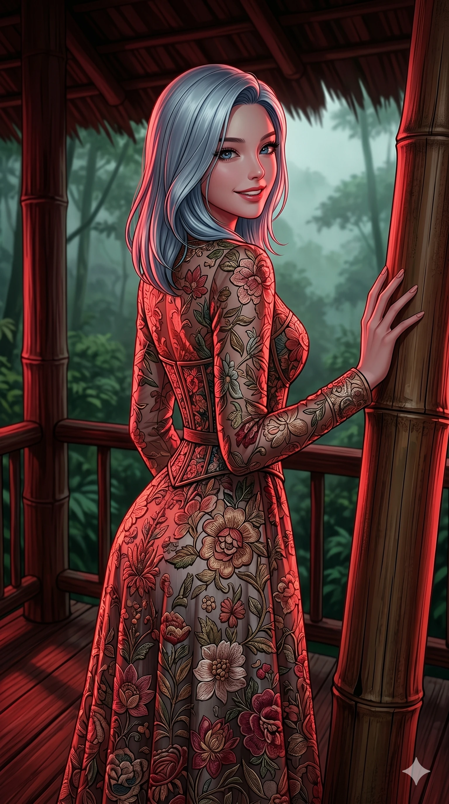 score_9, masterpiece, best quality, ultra-detailed, high-budget anime keyframe, editorial fashion photography, tasteful artistic composition, Korean woman. cowboy shot from the thighs up, character and outfit filling the frame for maximum editorial presence. resting one hand on a bamboo trunk, looking over her shoulder with a smile on a secluded deck of a forest retreat surrounded by green mountain mist (Code-P18-138). She has an absolutely perfect 8-heads proportion, an exceptionally tall and slender female figure with impossibly long slender legs and an ultra-slim waist. V-shaped jawline, high-bridge nose, intricate jewel-like eyes with depth, thick eyelashes, glossy lips with a natural sheen. wearing a fine patterned embroidery dress with a structured bodice bodice and delicate floral patterns. dramatic crimson theatrical sunset light, casting sharp highlights on every curve. 2k, ultra detail, master piece, 9:16 ratio