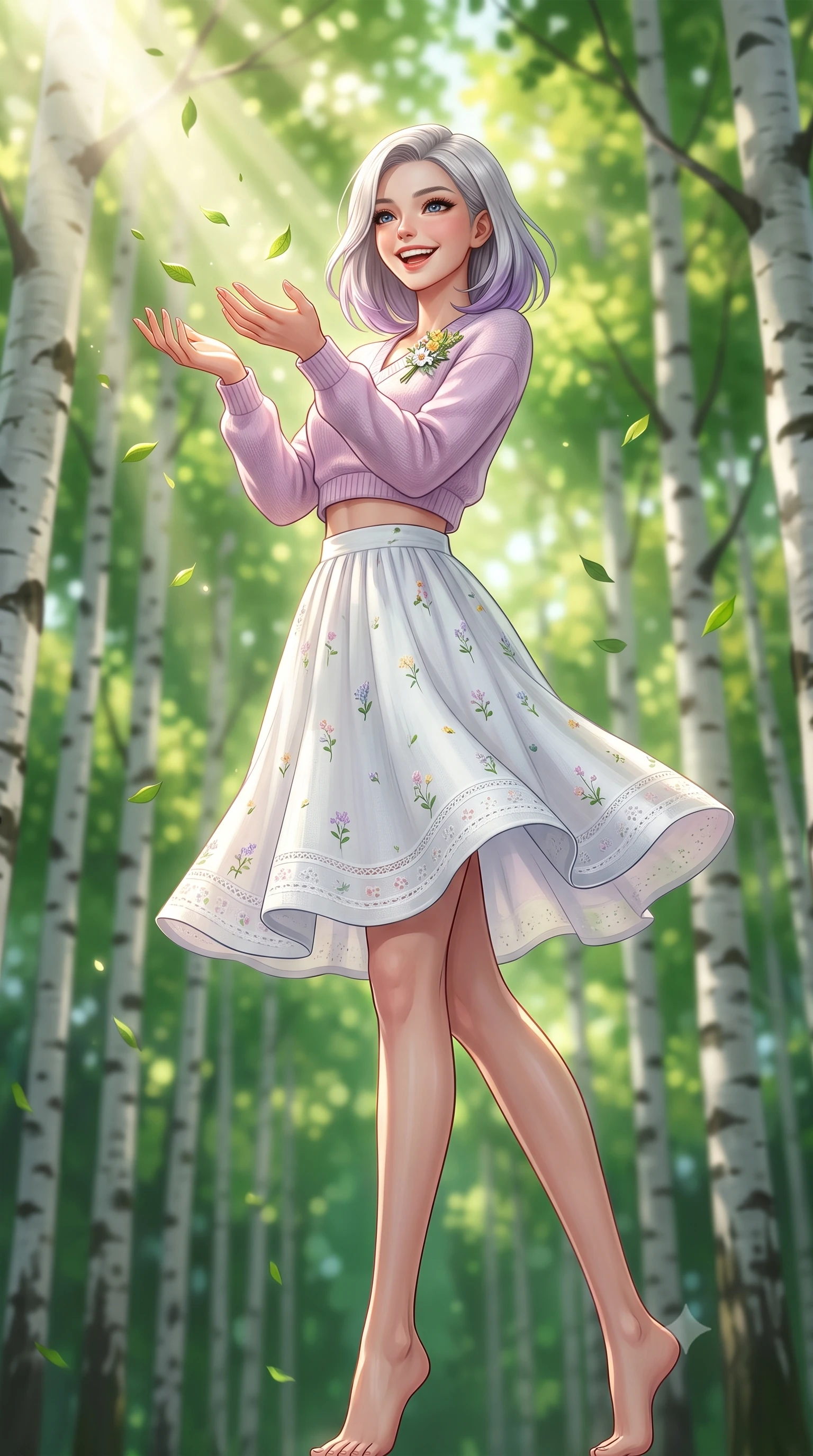 score_9, masterpiece, best quality, ultra-detailed, high-budget anime keyframe, semi-realistic 3D game render, editorial fashion photography, tasteful artistic composition, Caucasian woman. low angle full-body shot from head to toe showing her feet, filling the entire 9:16 vertical frame with her statuesque presence, stretching her vertical silhouette. pivoting dynamically with a fresh infectious smile, her ultra-slim waist and long slender legs creating a fluid graceful line while catching dancing sunbeams and falling green leaves with cupped hands in a joyful, dynamic pose. The composition keeps background elements in soft focus with creamy bokeh. slender white birch tree trunks and sunlit green forest canopies blurred into dreamy emerald and golden bokeh. She has an absolutely perfect, statuesque 8.5-heads proportion, an exceptionally tall and slender model-like female figure with impossibly long slender legs, a toned flat midriff, and an ultra-slim waist. sharp v-shaped jawline, high-bridge nose, intricate jewel-like eyes with depth, thick eyelashes, glossy lips with a natural sheen, pure and lovely fresh girlhood expression, flawlessly proportioned anatomical accuracy, strict slender model proportions, natural body alignment, perfectly sculpted long slender limbs, ultra-slim waistline, clean dynamic posture without body distortion. wearing a stylish cropped pastel knit pullover paired with a high-waisted flowy A-line linen skirt in fresh alpine white with subtle pastel floral accents, woven with delicate eyelet lace and breathable cotton voile, complemented by a delicate wildflower corsage pinned to the lapel, the soft airy drape swaying gracefully with her dynamic movements, emphasizing her tall willowy build and slim waistline. bathed in heavenly volumetric sunbeams piercing through the dense birch canopy. highly saturated vibrant anime colors, detailed shading with soft gradients, rich glossy textures, high-contrast stereoscopic depth, volumetric dynamic lighting, master piece, 9:16 ratio