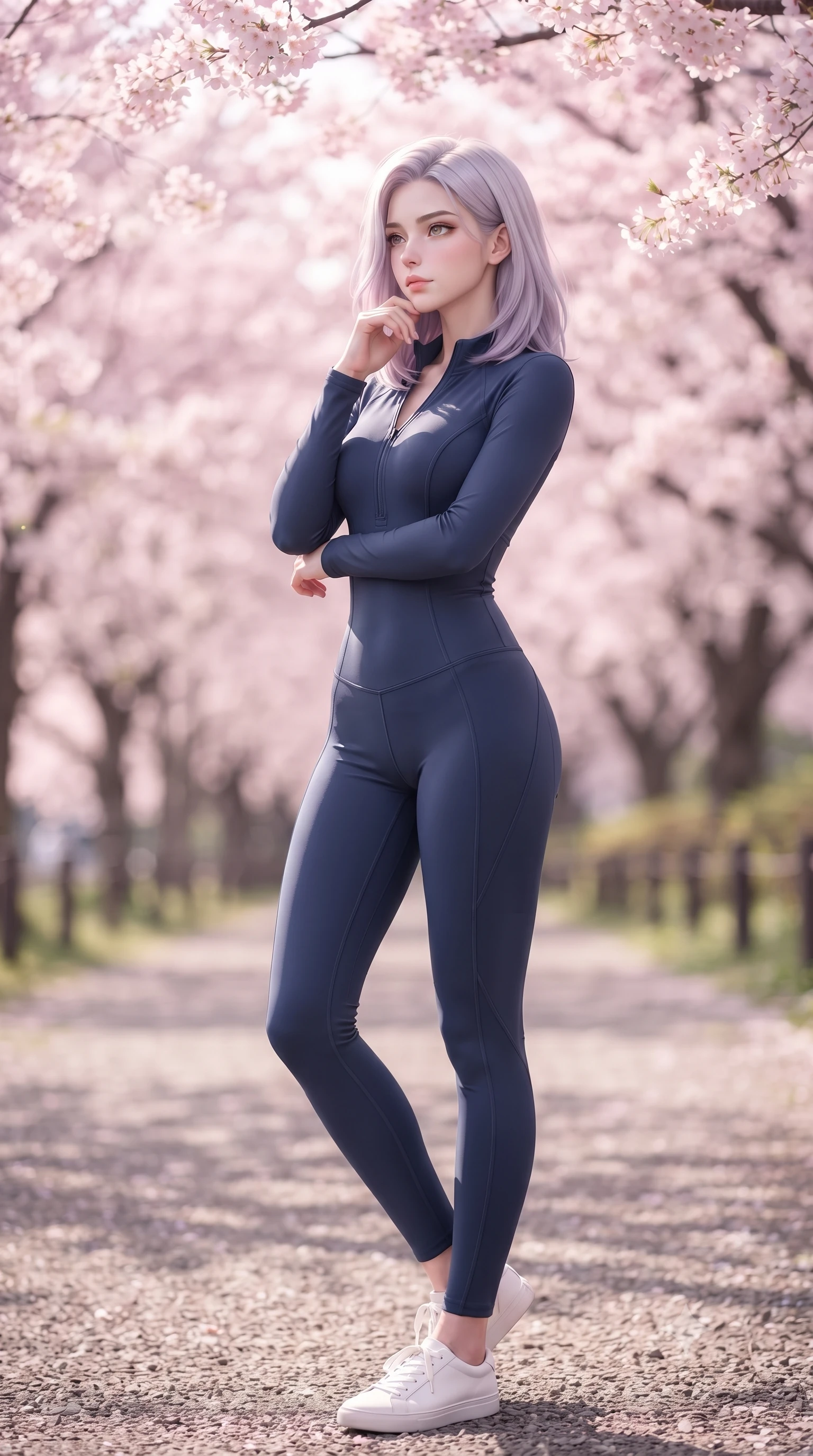 score_9, masterpiece, best quality, ultra-detailed, high-budget anime keyframe, editorial fashion photography, tasteful artistic composition, Caucasian woman woman. close-up cowboy shot from the waist and thighs up, the character dominates the composition, filling the frame with her large presence, background elements kept in soft focus. looking past the camera with a peaceful, thoughtful gaze, enjoying the warm sunlight the background shows a soft-focus a quiet gravel path in a park lined with cherry blossom trees in full bloom. She has an exceptionally elegant, slender, and willowy female figure with an ultra-slim waist, a gracefully sculpted slender torso, and a refined silhouette. sharp v-shaped jawline, high-bridge nose, intricate jewel-like eyes with depth, thick eyelashes, glossy lips with a natural sheen. wearing a tailored body-hugging navy blue activewear jumpsuit with sleek contouring seam lines. soft pink diffused light under a canopy of cherry blossoms. ultra-reflective glossy finish, specular highlights, metallic sheen, high-contrast stereoscopic depth, volumetric dynamic lighting, 2k, ultra detail, master piece, 9:16 ratio
