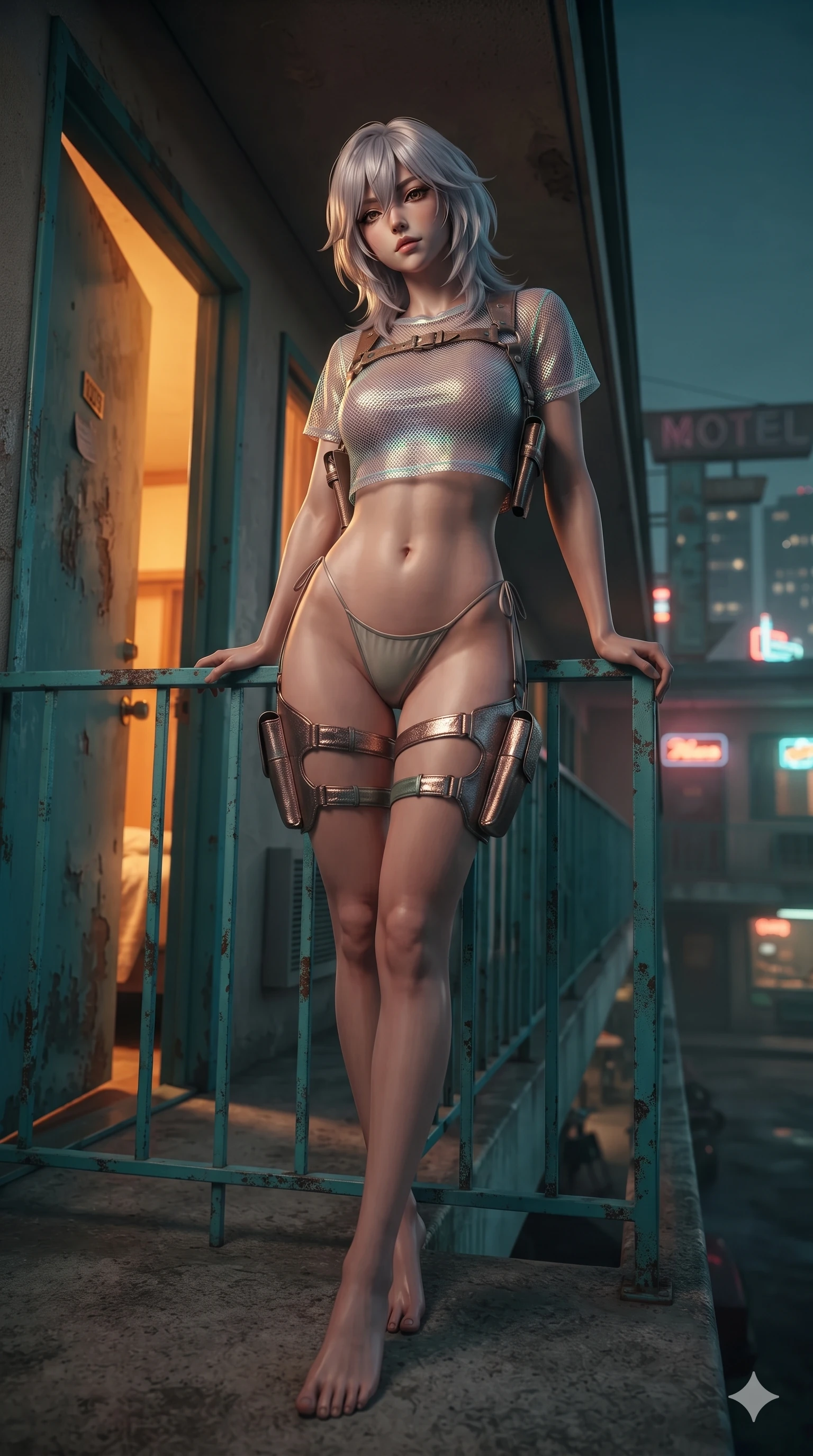 score_9, masterpiece, best quality, ultra-detailed, high-budget anime keyframe, editorial fashion photography, tasteful artistic composition, Japanese woman. low angle full-body shot from head to toe showing her feet, filling the entire 9:16 vertical frame with her statuesque presence, stretching her vertical silhouette. reclining on her side in an elegant Cleopatra pose with one knee drawn up, the dramatic contour of her rounded hips and long slender legs commanding the 9:16 vertical frame while leaning over the turquoise metal balcony railing with hips cocked back, looking down with sleepy seductive bedroom-eyes as neon light paints her silhouette. The background shows a soft-focus retro motel exterior corridor softened in mid-century architectural shallow focus. She has an absolutely perfect, statuesque 8.5-heads proportion, an exceptionally tall and slender model-like female figure with impossibly long slender legs, an ultra-slim waist, a flat toned midriff, narrow delicate ribcage, and beautifully sculpted feminine hips creating a graceful, slim hourglass silhouette without any bulky heaviness. sharp v-shaped jawline, high-bridge nose, sparkling eyes with hypnotic seductive depth, thick curled eyelashes, glossy parted lips with a natural dewy peach sheen, alluring bedroom-eyes with an enchanting coquettish smile, exuding magnetic siren charisma and sophisticated glamour, flawlessly proportioned anatomical accuracy, strict slender model proportions, natural body alignment, perfectly sculpted long slender limbs, ultra-slim waistline, clean dynamic posture without body distortion. wearing a translucent iridescent mesh swim crop top paired with high-cut string bikini bottoms and leather thigh holsters in metallic bronze lamé and dusty desert sage, crafted from luxurious metallic lamé that shifts radiance with every step, accented with a holster-style leather body harness framing her collarbones and lower spine, the form-contouring material adhering flawlessly to her sculpted flat midriff and slender torso, emphasizing her long leg lines and perfectly proportioned willowy build. bathed in the moody, nostalgic contrast of warm amber door lights and ambient cool twilight neon filtering from the courtyard. ultra-reflective glossy finish, specular highlights, rich textural contrasts, high-contrast stereoscopic depth, volumetric dynamic lighting, 2k, ultra detail, master piece, 9:16 ratio
