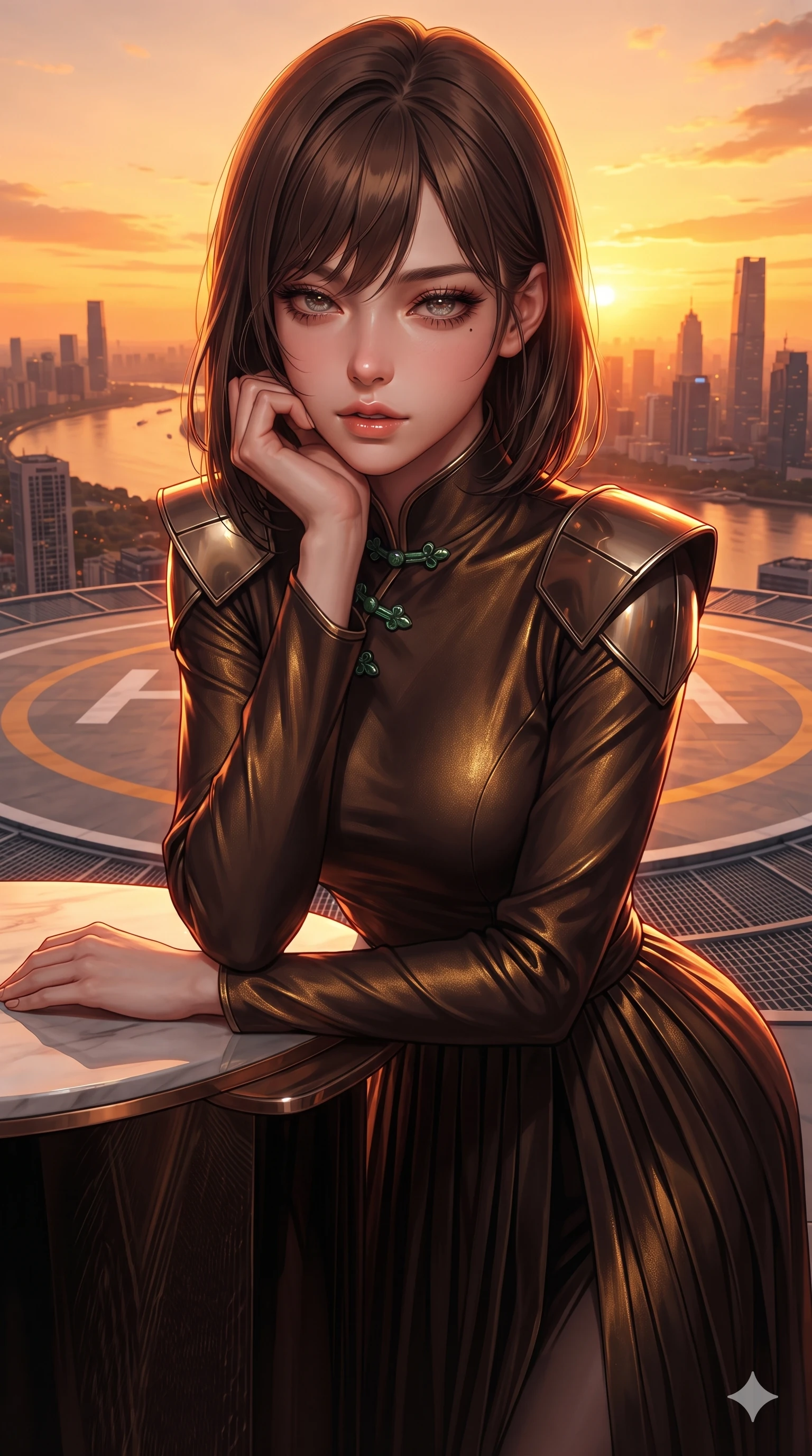 score_9, masterpiece, best quality, ultra-detailed, high-budget anime keyframe, editorial fashion photography, tasteful artistic composition, Korean woman. close-up cowboy shot from the waist and thighs up, the character dominates the composition, filling the frame with her large presence. resting one elbow on the table and supporting her chin, leaning close to the camera with heavy-lidded sparkling eyes and parted lips while standing poised on the circular rooftop helipad platform, arching her spine with sovereign glamour as the fiery amber sunset washes across the sweeping river curve. The surrounding environment is rendered in vivid detail and crisp panoramic clarity: sharp helipad perimeter markings, brushed aluminum deck grating, and crisp panoramic skyscraper silhouettes in deep focus. She has an exceptionally elegant, slender, and willowy female figure with an ultra-slim waist, flat toned midriff, narrow ribcage, and sculpted feminine hips creating an alluring, slim hourglass silhouette without bulk. sharp v-shaped jawline, high-bridge nose, intricate jewel-like sparkling eyes with depth, thick eyelashes, glossy parted lips with a natural sheen, intensely captivating and seductive bedroom-eyes expression, exuding both youthful cute charm and sovereign luxury allure, flawlessly proportioned anatomical accuracy, strict slender model proportions, natural body alignment, perfectly sculpted long slender limbs, ultra-slim waistline, clean dynamic posture without body distortion. wearing a refined long-sleeve high-collar silk georgette diplomatic gown with structured geometric shoulder plates and pleated skirt in dark espresso brown and molten gold foil, crafted from luxurious metallic lamé that shifts radiance with every step, finished with sleek jade frog closures glinting along her high collar, the bespoke structured tailoring following the natural line of her 8.5-heads silhouette with refined elegance. illuminated by deck surface bounce and intense golden-crimson rim lights sculpting her razor-sharp jawline, narrow waist, and curvy hips. ultra-reflective glossy finish, specular highlights, rich textural contrasts, high-contrast stereoscopic depth, volumetric dynamic lighting, 2k, ultra detail, master piece, 9:16 ratio