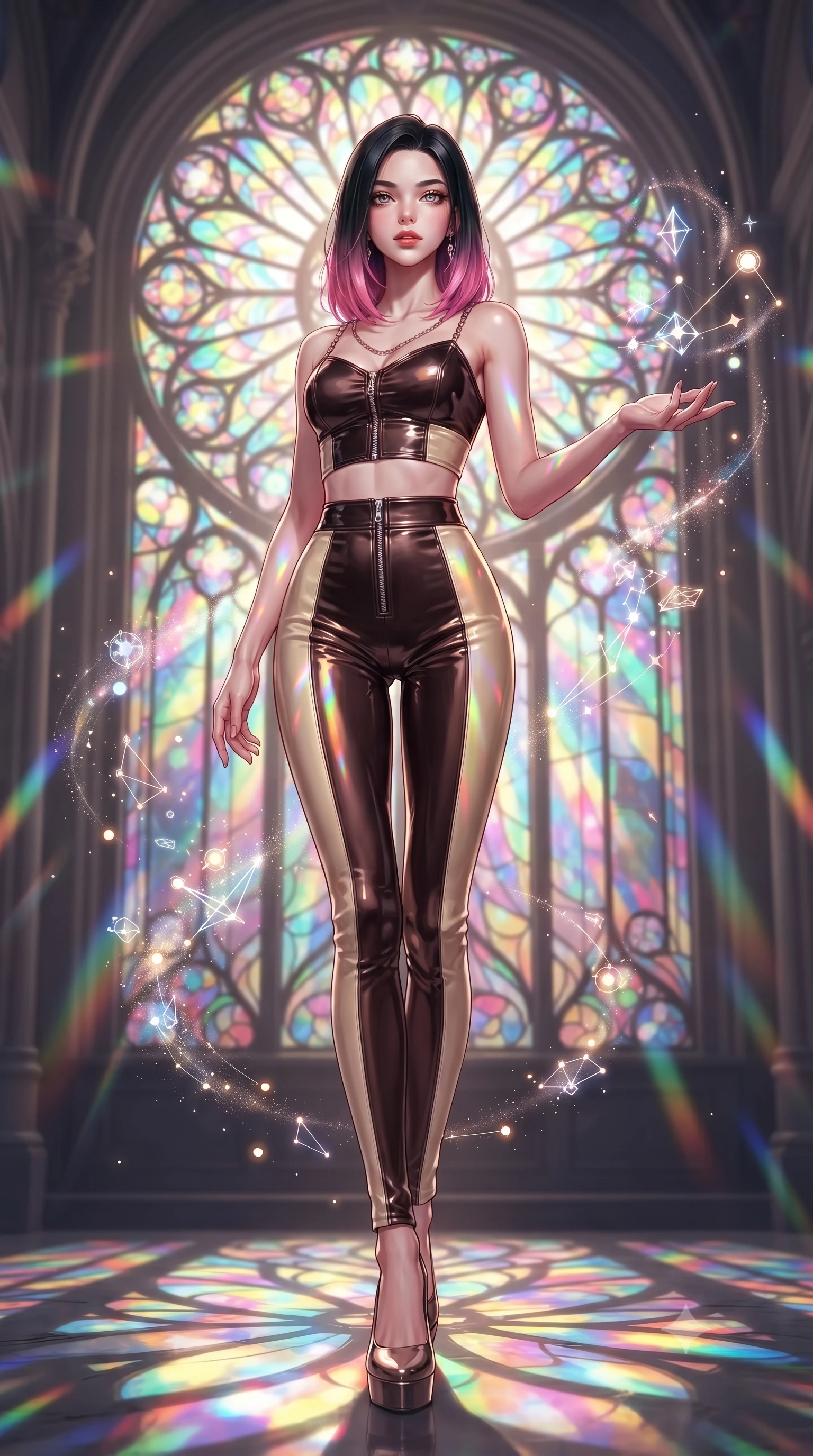 score_9, masterpiece, best quality, ultra-detailed, high-budget anime keyframe, editorial fashion photography, tasteful artistic composition, Korean woman. low angle full-body shot from head to toe showing her feet, filling the entire 9:16 vertical frame with her statuesque presence, stretching her vertical silhouette. interacting gracefully with the magical floating elements while maintaining a confident posture standing before a monumental Art Nouveau stained glass rose window, vibrant rainbow light patterns projected across her skin and costume. She has an absolutely perfect, statuesque 8.5-heads proportion, an exceptionally tall and slender model-like female figure with impossibly long slender legs and an ultra-slim waist. sharp v-shaped jawline, high-bridge nose, intricate jewel-like eyes with depth, thick eyelashes, glossy lips with a natural sheen. wearing a glossy vinyl crop top and high-waist tailored leggings with sleek zippers in espresso brown and warm cream, made of premium stretch velvet with a rich sheen, adorned with delicate metallic chain straps along the neckline, the sleek second-skin texture accentuating her magnetic presence. bathed in cascading rainbow prismatic light refracting through stained glass. highly saturated vibrant anime colors, detailed shading with soft gradients, rich glossy textures, high-contrast stereoscopic depth, volumetric dynamic lighting, master piece, 9:16 ratio