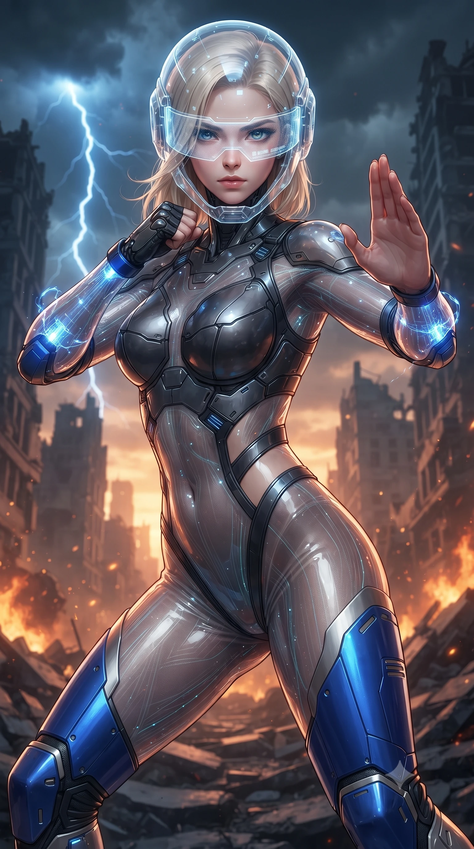 score_9, masterpiece, best quality, ultra-detailed, high-budget anime keyframe, editorial fashion photography, tasteful artistic composition, Caucasian woman. close-up cowboy shot from the waist and thighs up, the character dominates the composition, filling the frame with her large presence. twisting her upper body in a dynamic S-curve martial arts stance, cybernetic elbow dampers glowing with blue energy as she aims a focused palm strike while retracting her holographic visor with a flick of her fingers, casting an intense, resolute sovereign gaze into the lens. The surrounding environment is rendered in vivid detail and crisp panoramic clarity. high-contrast dystopian chiaroscuro and epic ruined metropolis architecture rendered with environmental precision. She has an exceptionally elegant, slender, and willowy female figure with an ultra-slim waist, a gracefully sculpted slender torso, toned flat midriff, and a refined slim silhouette. sharp v-shaped jawline, high-bridge nose, intricate jewel-like eyes with depth, thick eyelashes, glossy lips with a natural sheen, fierce and resolute heroine expression, flawlessly proportioned anatomical accuracy, strict slender model proportions, natural body alignment, perfectly sculpted long slender limbs, ultra-slim waistline, clean dynamic posture without body distortion. wearing a crystal-clear transparent armored riot-visor helmet showing her entire beautiful face and determined expression with pristine clarity, paired with a form-contouring high-mobility battle-suit featuring sculpted carbon chest plating, diagonal midriff ventilation cutouts, and kinetic knee vambraces in electric cobalt blue carbon with brushed platinum tactical trim, crafted from semi-translucent cybernetic carbon-vinyl interwoven with glowing micro-filaments, featuring a sleek aerodynamic collar framed by subtle glowing cybernetic status LEDs, the sleek second-skin cut tightly hugging her graceful clavicle, narrow waist, and feminine curves with athletic precision. bathed in ominous amber horizon fire glow and cold blue storm lightning flashes. ultra-reflective glossy finish, specular highlights, dark metallic sheen, high-contrast stereoscopic depth, volumetric dynamic lighting, 2k, ultra detail, master piece, 9:16 ratio