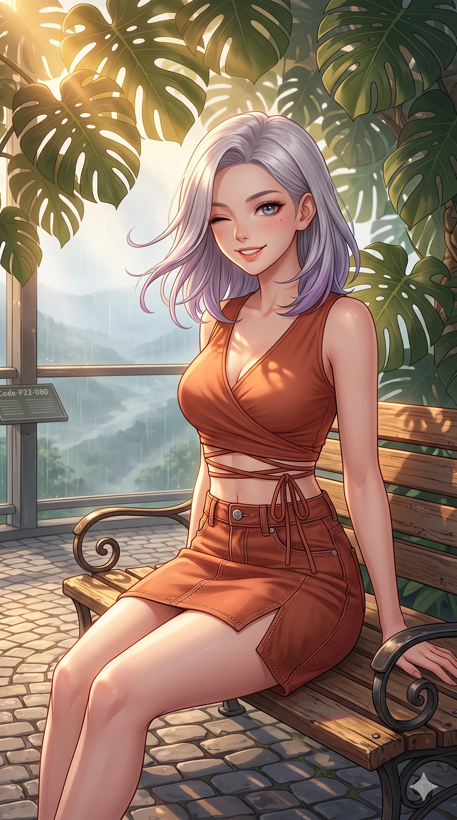 score_9, masterpiece, best quality, ultra-detailed, high-budget anime keyframe, vibrant anime aesthetic, Caucasian woman, strictly human ears. close-up cowboy shot from the waist and thighs up, the character dominates the composition, filling the frame with her large presence, background elements kept in soft focus. She is sitting on a vintage bench, winking with a playful and bright expression, her eyes shining with genuine joy with a soft breath of wind in her hair. standing on a floating observation deck of a nature center conservatory, overlooking a misty rainy valley (Code-P22-080). She has an absolutely perfect proportion, an exceptionally elegant and slender female figure with an ultra-slim waist. V-shaped jawline, high-bridge nose, intricate jewel-like eyes with depth, thick eyelashes, glossy lips with a natural sheen. wearing a cropped wrap top and a matching denim skirt with a refined side vent in warm terracotta. She is drenched in warm, golden afternoon sunbeams filtering through dense green monstera leaves, creating a cinematic, high-budget anime lighting effect along the cobblestone alley. 2k, ultra detail, master piece, 9:16 ratio