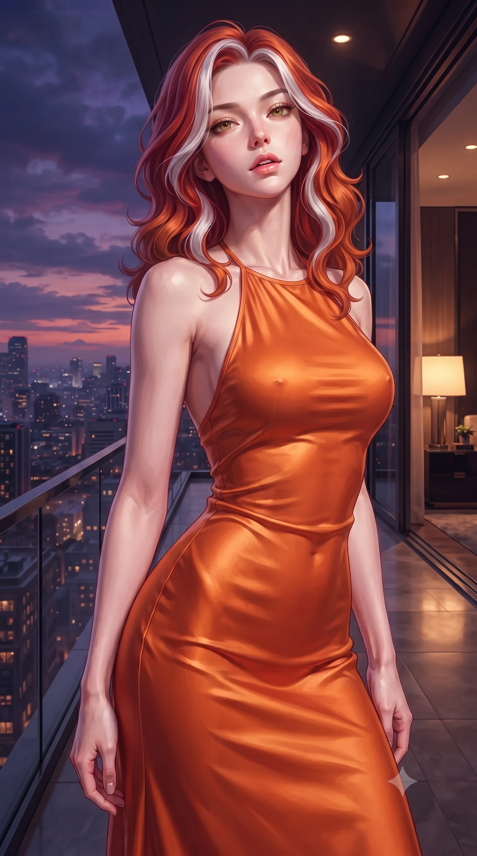 score_9, masterpiece, best quality, ultra-detailed, high-budget anime keyframe, editorial fashion photography, tasteful artistic composition, Caucasian woman. close-up cowboy shot from the waist and thighs up, the character dominates the composition, filling the frame with her large presence, background elements kept in soft focus. tilting her chin up slightly with lips parted in a composed, provocative expression the background shows a soft-focus a high-rise executive suite balcony with sleek glass railings looking over the city. She has an exceptionally elegant, slender, and willowy female figure with an ultra-slim waist, a gracefully sculpted slender torso, and a refined silhouette. sharp v-shaped jawline, high-bridge nose, intricate jewel-like eyes with depth, thick eyelashes, glossy lips with a natural sheen. wearing a tailored form-fitting liquid silk halter-neck maxi dress in sunset orange, draped elegantly to highlight her slender frame. dramatic twilight sky lighting contrasting with warm interior room lamps. highly saturated vibrant anime colors, detailed shading with soft gradients, rich glossy textures, high-contrast stereoscopic depth, volumetric dynamic lighting, master piece, 9:16 ratio