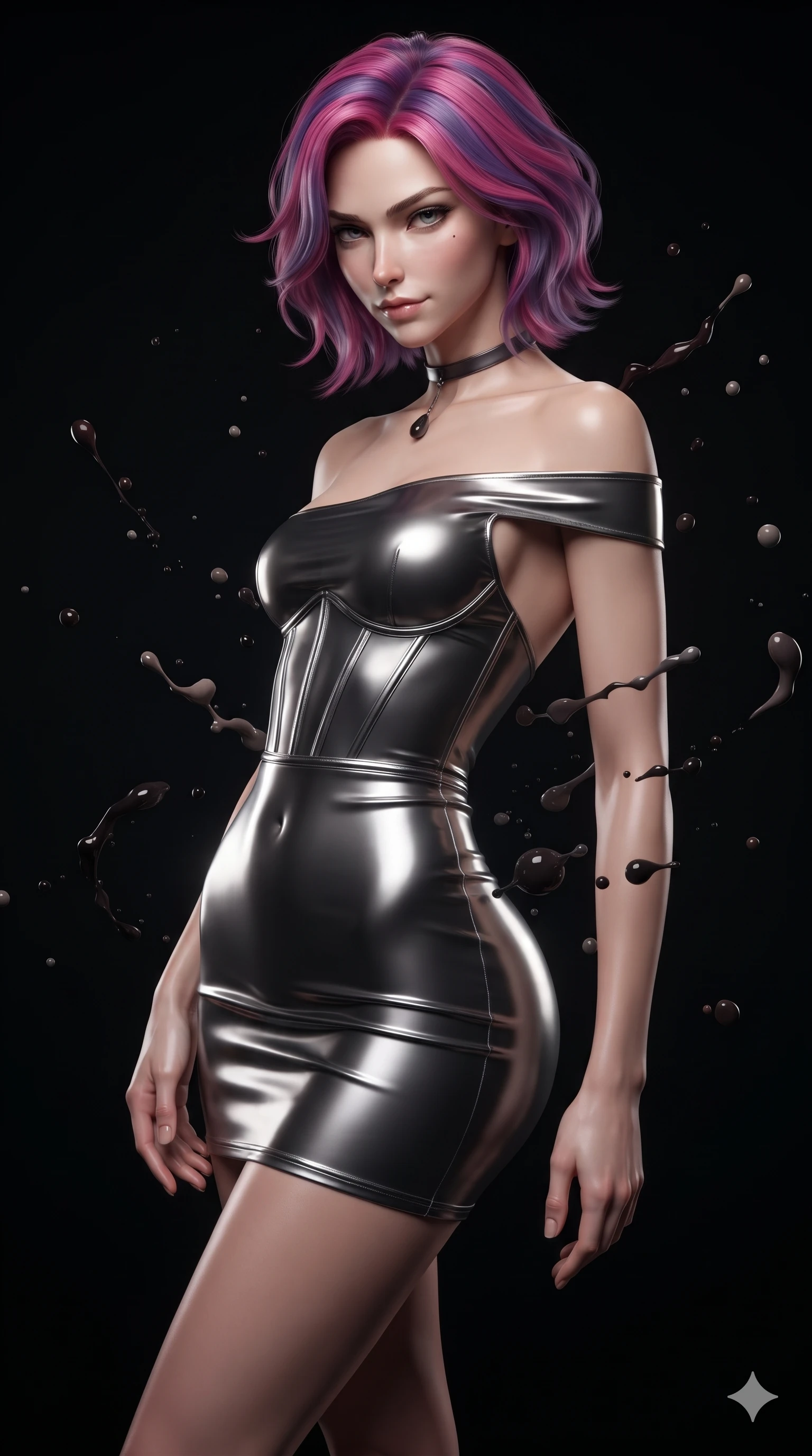 score_9, masterpiece, best quality, ultra-detailed, high-budget anime keyframe, editorial fashion photography, tasteful artistic composition, Caucasian woman. close-up cowboy shot from the waist and thighs up, the character dominates the composition, filling the frame with her large presence. twisting her slender torso in a deep contrapposto stance, hips dramatically shifted to accentuate her feminine curves while glancing sidelong over her shoulder with a smoldering, enigmatic half-smile inside the pitch-black studio, dark liquid paint droplets suspended in mid-air. The surrounding environment is rendered in vivid detail and crisp panoramic clarity: detailed structured bodice gown tailoring, metallic silver boning, and liquid fabric sheen in razor-sharp precision. She has an exceptionally elegant, slender, and willowy female figure with an ultra-slim waist, flat toned midriff, narrow ribcage, and sculpted feminine hips creating an alluring, slim hourglass silhouette without bulk. sharp v-shaped jawline, high-bridge nose, intricate jewel-like dark sparkling eyes with hypnotic seductive depth, thick curled eyelashes, glossy parted lips with a natural wine sheen, alluring bedroom-eyes with an enigmatic smoldering smile, exuding magnetic sovereign charisma and dark avant-garde glamour, flawlessly proportioned anatomical accuracy, strict slender model proportions, natural body alignment, perfectly sculpted long slender limbs, ultra-slim waistline, clean dynamic posture without body distortion. wearing a backless liquid vinyl mini slip dress with bare shoulder neckline in liquid mercury chrome and smoky quartz, made of liquid dark mercury jersey with seamless sculpting hold and fluid drape, finished with a minimalist dark choker and a single teardrop pendant, the glove-like silhouette tightly following the natural contour of her hips and long slender legs with youthful 8.5-heads elegance. lit by a single intense key ray accentuating liquid paint contours against pitch-black shadows. ultra-reflective glossy finish, specular highlights, metallic sheen, high-contrast stereoscopic depth, volumetric dynamic lighting, 2k, ultra detail, master piece, 9:16 ratio