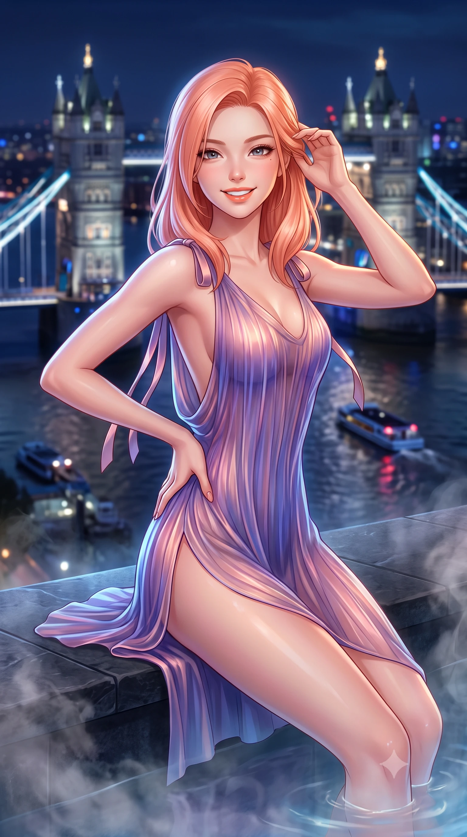 score_9, masterpiece, best quality, ultra-detailed, high-budget anime keyframe, semi-realistic 3D game render, editorial fashion photography, tasteful artistic composition, Japanese woman. close-up cowboy shot from the waist and thighs up, the character dominates the composition, filling the frame with her large presence. twisting her slender torso in an alluring contrapposto stance, one hand resting on her sculpted hip while her fingers toy with her hair with effortless poise while lounging in the steaming water propped on the dark stone rim with legs extended, her statuesque 8.5-heads silhouette commanding the metropolis. The background shows a soft-focus illuminated twin gothic towers of Tower Bridge, winding black ribbon of River Thames with riverboat lights, and endless London skyline blurred into sapphire, gold, and ruby bokeh. She has an exceptionally elegant, slender, and willowy female figure with an ultra-slim waist, flat toned midriff, narrow ribcage, and sculpted feminine hips creating an alluring, slim hourglass silhouette without bulk. sharp v-shaped jawline, high-bridge nose, intricate jewel-like sparkling eyes with depth, thick eyelashes, glossy parted lips with a natural peach sheen, bright cheerful beaming smile with an enchanting and coquettish sensual glint, exuding both youthful cute charm and seductive allure, flawlessly proportioned anatomical accuracy, strict slender model proportions, natural body alignment, perfectly sculpted long slender limbs, ultra-slim waistline, clean dynamic posture without body distortion. wearing an ethereal sheer pleated georgette resort slip dress with hip-high side slits and an open cowl back clinging in sea breezes in orbital nebula violet and luminescent rose gold, made of fluid liquid jersey with seamless sculpting hold and smooth contours, finished with satin ribbon ties at the shoulders fluttering in the gentle breeze, the form-contouring silhouette accentuating her sculpted flat midriff, narrow delicate ribcage, and gracefully curvy hips with intoxicating allure. bathed in the cool ambient glow of the illuminated London skyline mixed with warm 2800K recessed cove downlights. highly saturated vibrant anime colors, detailed shading with soft gradients, rich glossy textures, high-contrast stereoscopic depth, volumetric dynamic lighting, master piece, 9:16 ratio