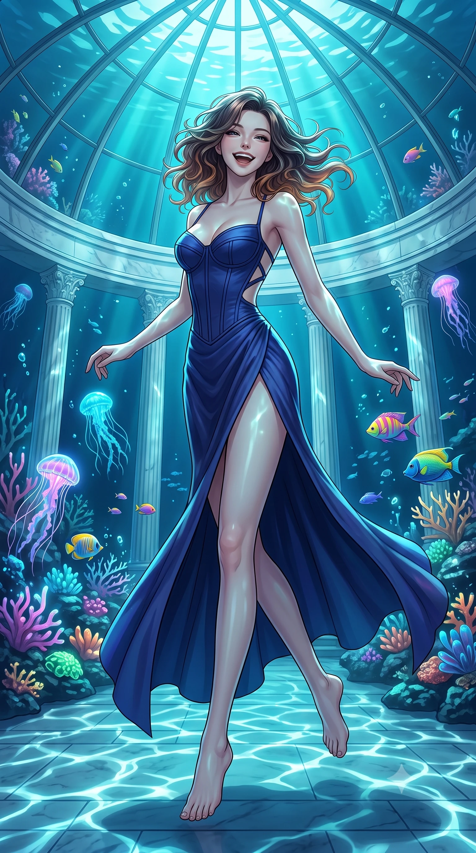 score_9, masterpiece, best quality, ultra-detailed, high-budget anime keyframe, editorial fashion photography, tasteful artistic composition, Korean woman. low angle full-body shot from head to toe showing her feet, filling the entire 9:16 vertical frame with her statuesque presence, stretching her vertical silhouette. leaping gracefully with a bright, joyful laugh through inside a submerged ancient white marble conservatory under a giant underwater glass dome, filled with glowing corals and neon sea creatures. She has a statuesque 8.5-heads proportion, an exceptionally tall, slender and willowy model-like build with impossibly long legs and a highly sculpted ultra-slim waist. sharp v-shaped jawline, high-bridge nose, intricate jewel-like eyes with depth, thick eyelashes, glossy lips with a natural sheen. wearing a structured bustier gown in deep indigo blue, featuring a boned bodice, a daring high front slit, and an open back. aquamarine shafts of light filtering down through the deep water, casting moving caustic patterns across the marble floors. 2k, ultra detail, master piece, 9:16 ratio