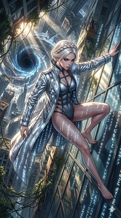 score_9, masterpiece, best quality, ultra-detailed, Set A: High-budget Anime Keyframe, Korean woman. Upper body close-up from the thighs up, character filling the screen for maximum presence. Theme: Urban Decay. sliding down a glass skyscraper in the