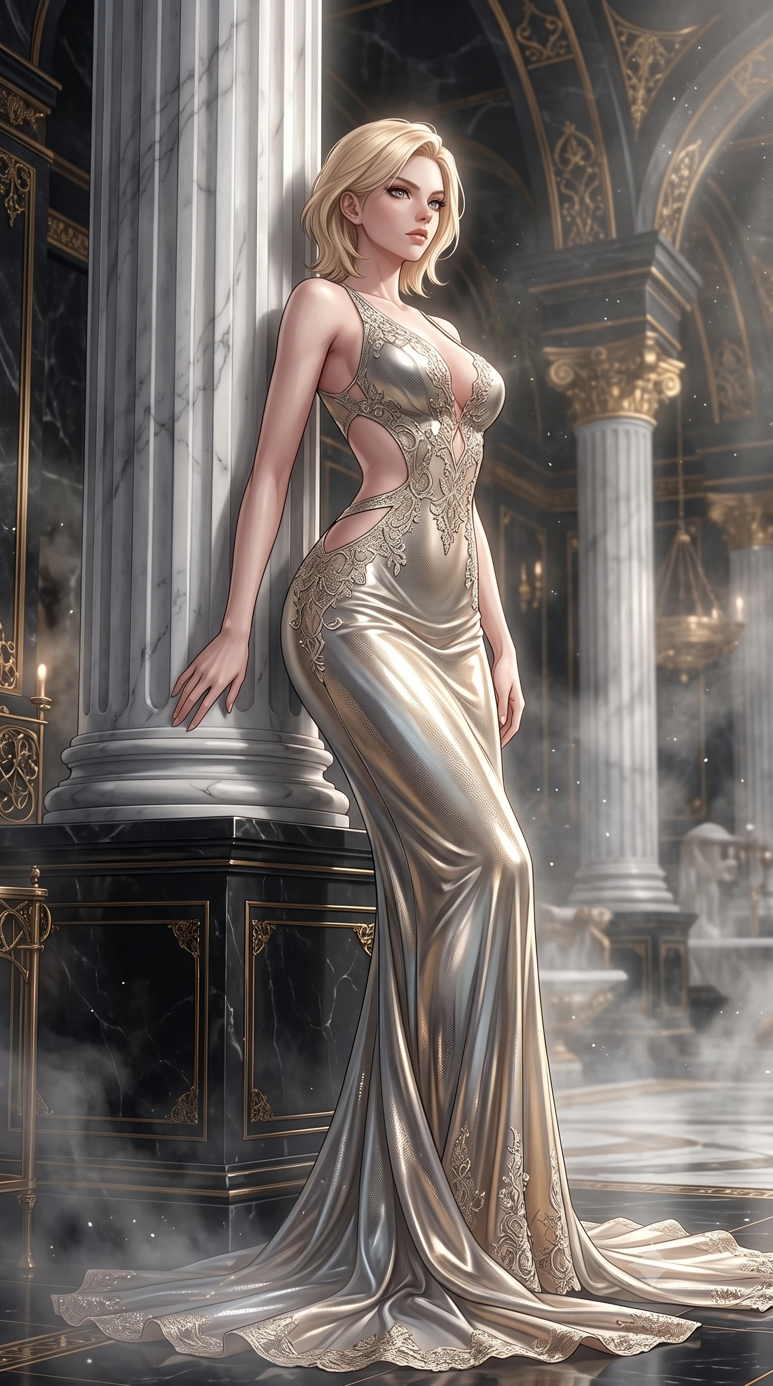 score_9, masterpiece, best quality, ultra-detailed, High-budget Anime Keyframe, Caucasian woman, strictly human ears. Dynamic full-body shot stretching the vertical silhouette to the limit. Scenario 291: leaning against a cold marble pillar inside a steam-filled bathhouse built of black obsidian stone and gold accents. Her presence is magnetic and overpowering in this high-budget anime scene. Outfit 291: a tailored molten liquid silk mesh with a strategic side cut-outs and delicate lace embroidery. The clothing is designed to emphasize her exceptionally tall and slender 8-heads proportion. 8-heads proportion, towering silhouette, ultra-slim waist. sharp v-shaped jawline, intricate jewel-like eyes with depth, thick eyelashes, glossy lips. 2k, ultra detail, master piece, 9:16 ratio