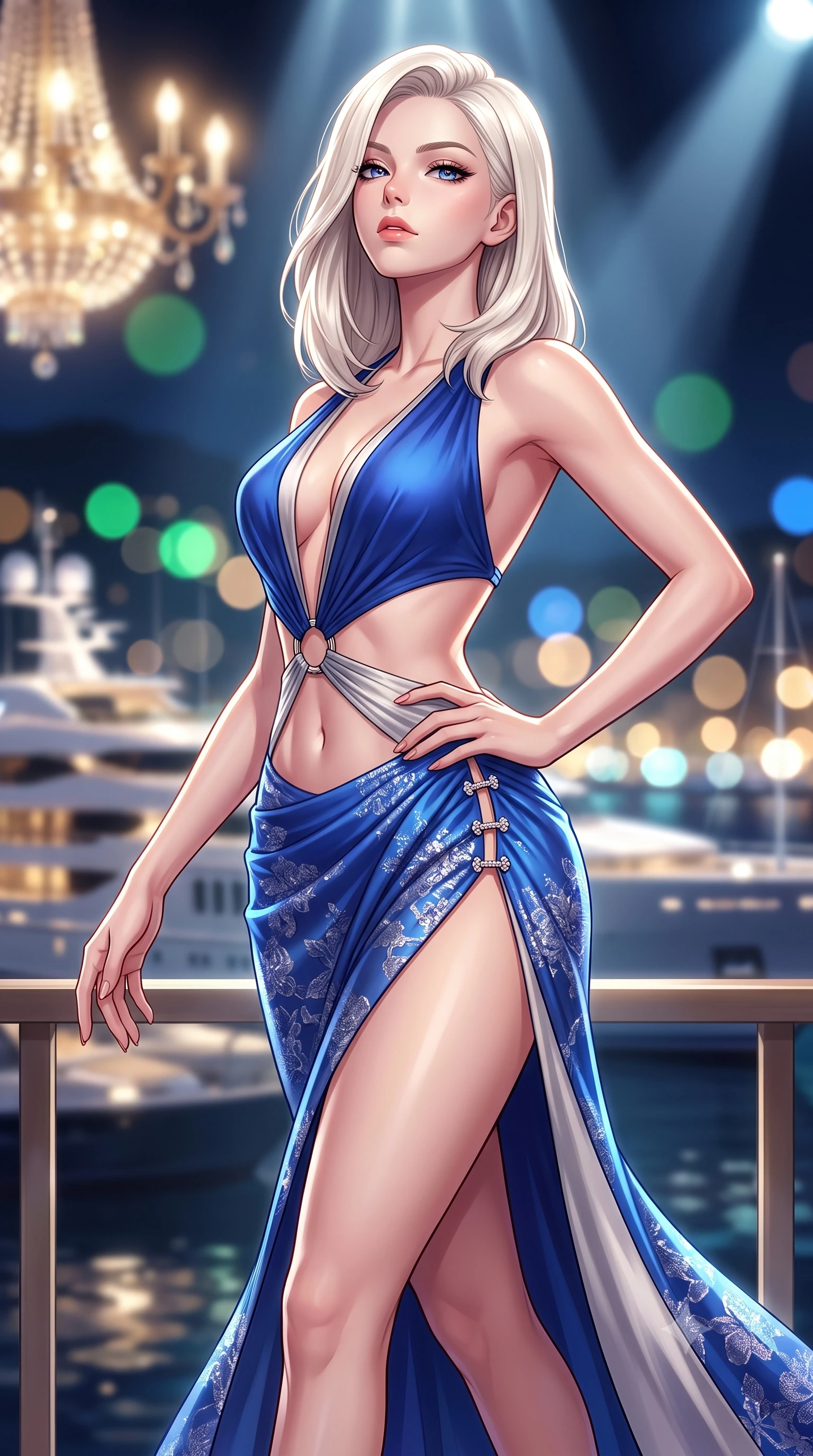 score_9, masterpiece, best quality, ultra-detailed, high-budget anime keyframe, semi-realistic 3D game render, editorial fashion photography, tasteful artistic composition, Caucasian woman. close-up cowboy shot from the waist and thighs up, the character dominates the composition, filling the frame with her large presence. tilting her chin up with proud, sovereign allure while gazing through thick eyelashes, one hand resting on her waist in pure supermodel charisma while striding dynamically along the marina balcony as superyacht horns echo below, her glittering backless dress tightly hugging her feminine curves. The composition keeps background elements in soft focus with creamy bokeh. glittering Monaco harbor superyacht lights and casino chandeliers blurred into champagne-gold, emerald, and sapphire bokeh. She has an exceptionally elegant, slender, and willowy female figure with an ultra-slim waist, a gracefully sculpted slender torso, toned flat midriff, and rounded feminine hips creating an alluring hourglass silhouette. sharp v-shaped jawline, high-bridge nose, intricate jewel-like eyes with depth, thick eyelashes, glossy parted lips with a natural sheen, intensely captivating and seductive bedroom-eyes expression, flawlessly proportioned anatomical accuracy, strict slender model proportions, natural body alignment, perfectly sculpted long slender limbs, ultra-slim waistline, clean dynamic posture without body distortion. wearing a daring cutout silk chiffon gown with an exposed midriff ring and a draped hip-hugging sarong skirt in royal sapphire blue and brushed platinum, formed from shimmering floral lace over smooth opaque silk lining, finished with an ultra-high side slit secured by miniature jeweled clasps, the dramatically scooped open back descending to the base of her spine, accentuating her razor-sharp statuesque lines and curvy hourglass silhouette. illuminated by crisp directional spotlights sharply defining her narrow waistline, sculpted spine, and curvy hips. highly saturated vibrant anime colors, detailed shading with soft gradients, rich glossy textures, high-contrast stereoscopic depth, volumetric dynamic lighting, master piece, 9:16 ratio