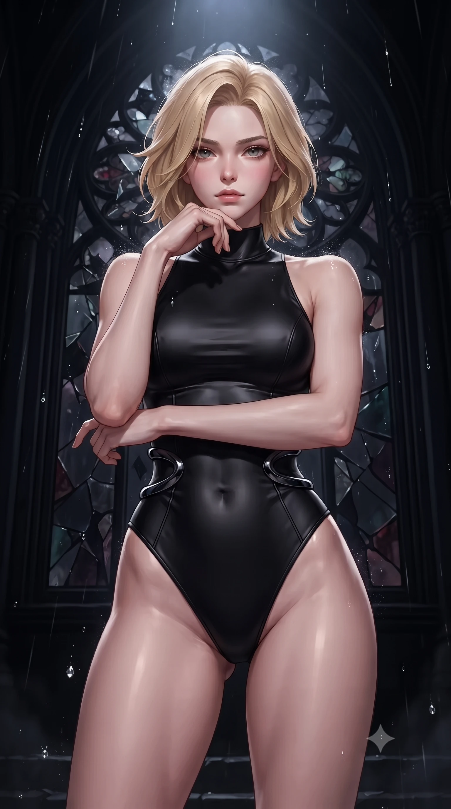 score_9, masterpiece, best quality, ultra-detailed, high-budget anime keyframe, editorial fashion photography, tasteful artistic composition, Caucasian woman. close-up cowboy shot from the waist and thighs up, the character dominates the composition, filling the frame with her large presence, background elements kept in soft focus. Resting her chin on the backs of her fingers with an air of effortless superiority, standing before a shattered dark stained-glass window in a midnight gothic cathedral, cold rain droplets sparkling like diamonds against her dark attire. She has an exceptionally elegant, slender, and willowy female figure with an ultra-slim waist, a gracefully sculpted slender torso, and a refined silhouette. sharp v-shaped jawline, high-bridge nose, intricate jewel-like eyes with depth, thick eyelashes, glossy lips with a natural sheen. wearing sleek high-neck ribbed activewear bodysuit in matte black in obsidian black, made of soft dark satin, accented with sculpted obsidian chrome rings at the waist, highlighting her statuesque proportions and ultra-slim waistline. lit by dramatic theatrical spotlight from above, keeping background elements in pitch-dark soft focus. highly saturated vibrant anime colors, detailed shading with soft gradients, rich glossy textures, high-contrast stereoscopic depth, volumetric dynamic lighting, master piece, 9:16 ratio