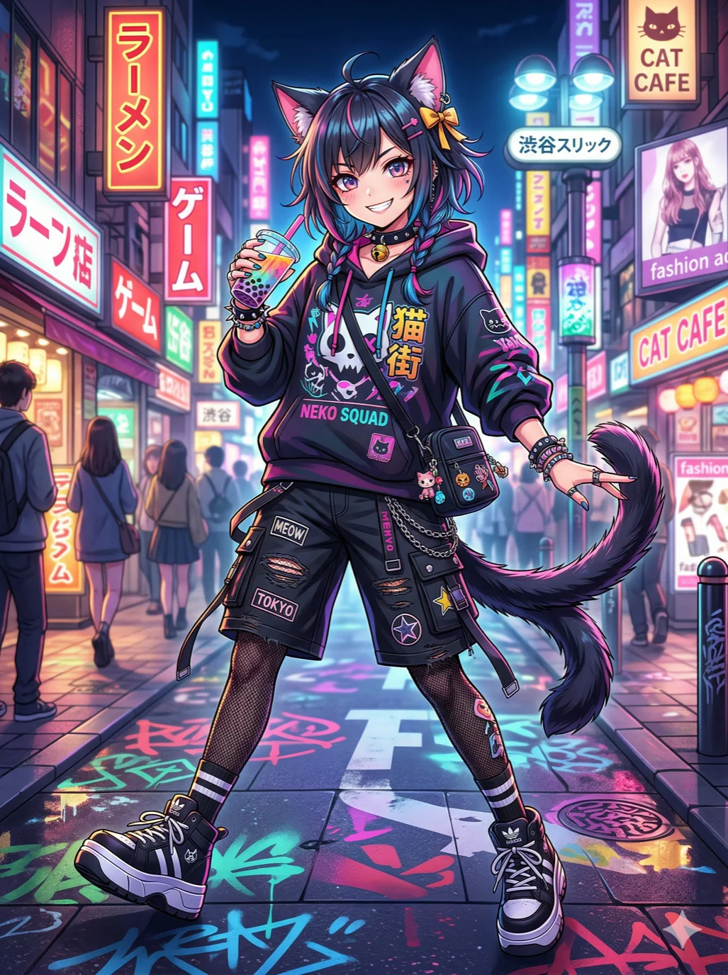 A girl with cat ears and a tail, wearing a modern streetwear outfit, vibrant anime style, 2k, ultra detail, master piece, 3:4 ratio