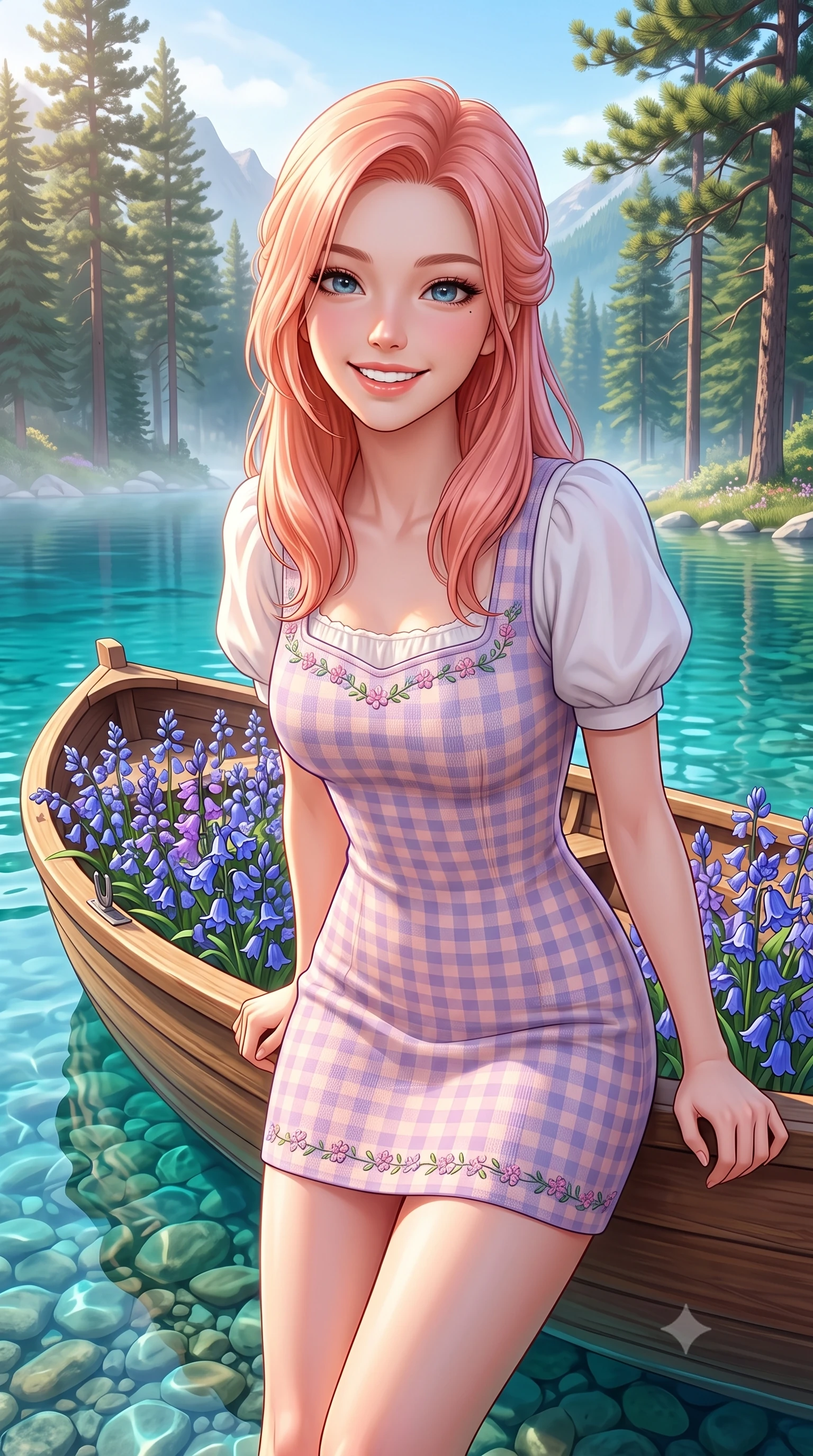 score_9, masterpiece, best quality, ultra-detailed, high-budget anime keyframe, semi-realistic 3D game render, editorial fashion photography, tasteful artistic composition, Japanese woman. close-up cowboy shot from the waist and thighs up, the character dominates the composition, filling the frame with her large presence. radiating a joyful bright smile with sparkling jewel-like eyes and pure charming energy, leaning forward with playful grace while leaning gently against a vintage wooden rowboat filled with bluebells, casting a warm and charming gaze into the lens. The surrounding environment is rendered in vivid detail and crisp panoramic clarity. crystal-clear turquoise water revealing smooth underwater pebbles, towering pine needles, and distant peaks in high clarity. She has an exceptionally elegant, slender, and willowy female figure with an ultra-slim waist, a gracefully sculpted slender torso, toned flat midriff, and a refined slim silhouette. sharp v-shaped jawline, high-bridge nose, intricate jewel-like eyes with depth, thick eyelashes, glossy lips with a natural sheen, pure and lovely fresh girlhood expression, flawlessly proportioned anatomical accuracy, strict slender model proportions, natural body alignment, perfectly sculpted long slender limbs, ultra-slim waistline, clean dynamic posture without body distortion. wearing a charming pastel gingham pinafore dress layered over a soft white puff-sleeve blouse in subtle lilac violet and soft rose gold, knitted from ultra-soft cozy baby-cashmere yarn, complemented by subtle floral embroidery along the neckline and hem, the body-hugging lightweight knit clinging delicately to her slender torso, accentuating her graceful neck and feminine lines. illuminated by soft morning mist backlighting and emerald water ambient bounce. highly saturated vibrant anime colors, detailed shading with soft gradients, rich glossy textures, high-contrast stereoscopic depth, volumetric dynamic lighting, master piece, 9:16 ratio