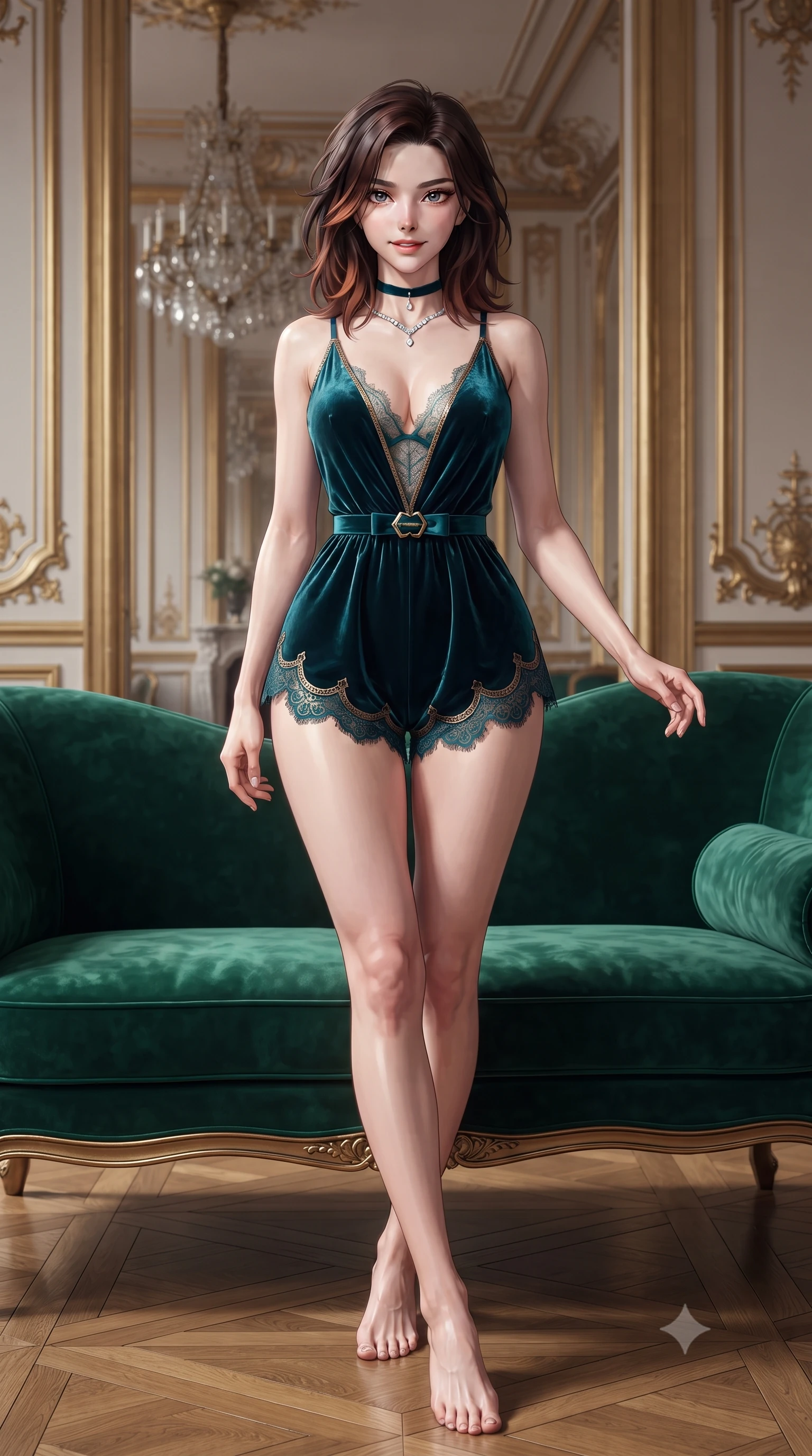 score_9, masterpiece, best quality, ultra-detailed, high-budget anime keyframe, editorial fashion photography, tasteful artistic composition, Korean woman. low angle full-body shot from head to toe showing her feet, filling the entire 9:16 vertical frame with her statuesque presence, stretching her vertical silhouette. stepping slowly toward the camera with hypnotic grace, hips swaying in an alluring sensual rhythm that accentuates her curvy hourglass silhouette and long slender legs while lounging across an emerald velvet chaise lounge with legs crossed, arching her lower back with sovereign Parisian high-society elegance. The surrounding environment is rendered in vivid detail and crisp panoramic clarity: detailed French Chantilly lace teddy texture, diamond necklace sparkle, and historic Haussmann interior architecture in razor-sharp precision. She has an absolutely perfect, statuesque 8.5-heads proportion, an exceptionally tall and slender model-like female figure with impossibly long slender legs, an ultra-slim waist, a flat toned midriff, narrow delicate ribcage, and beautifully sculpted feminine hips creating a graceful, slim hourglass silhouette without any bulky heaviness. sharp v-shaped jawline, high-bridge nose, sparkling eyes with hypnotic seductive depth, thick curled eyelashes, glossy parted lips with a natural dewy peach sheen, alluring bedroom-eyes with an enchanting coquettish smile, exuding magnetic siren charisma and sophisticated glamour, flawlessly proportioned anatomical accuracy, strict slender model proportions, natural body alignment, perfectly sculpted long slender limbs, ultra-slim waistline, clean dynamic posture without body distortion. wearing a plunge-neck stretch velvet romper with scalloped eyelash-lace hems and a cinched waist ribbon in deep peacock teal and burnished antique brass, tailored from fine structural neoprene with crisp architectural edges and smooth contouring, finished with a thin velvet ribbon choker and a single teardrop diamond pendant, the high-slit wrap tailoring accentuating her ultra-slim waistline and the enchanting curve of her feminine hips with alluring seductive charm. illuminated by polished parquet bounce and sharp warm-gold rim lights sculpting her jawline, flat midriff, and voluptuous hip curves. ultra-reflective glossy finish, specular highlights, rich textural contrasts, high-contrast stereoscopic depth, volumetric dynamic lighting, 2k, ultra detail, master piece, 9:16 ratio