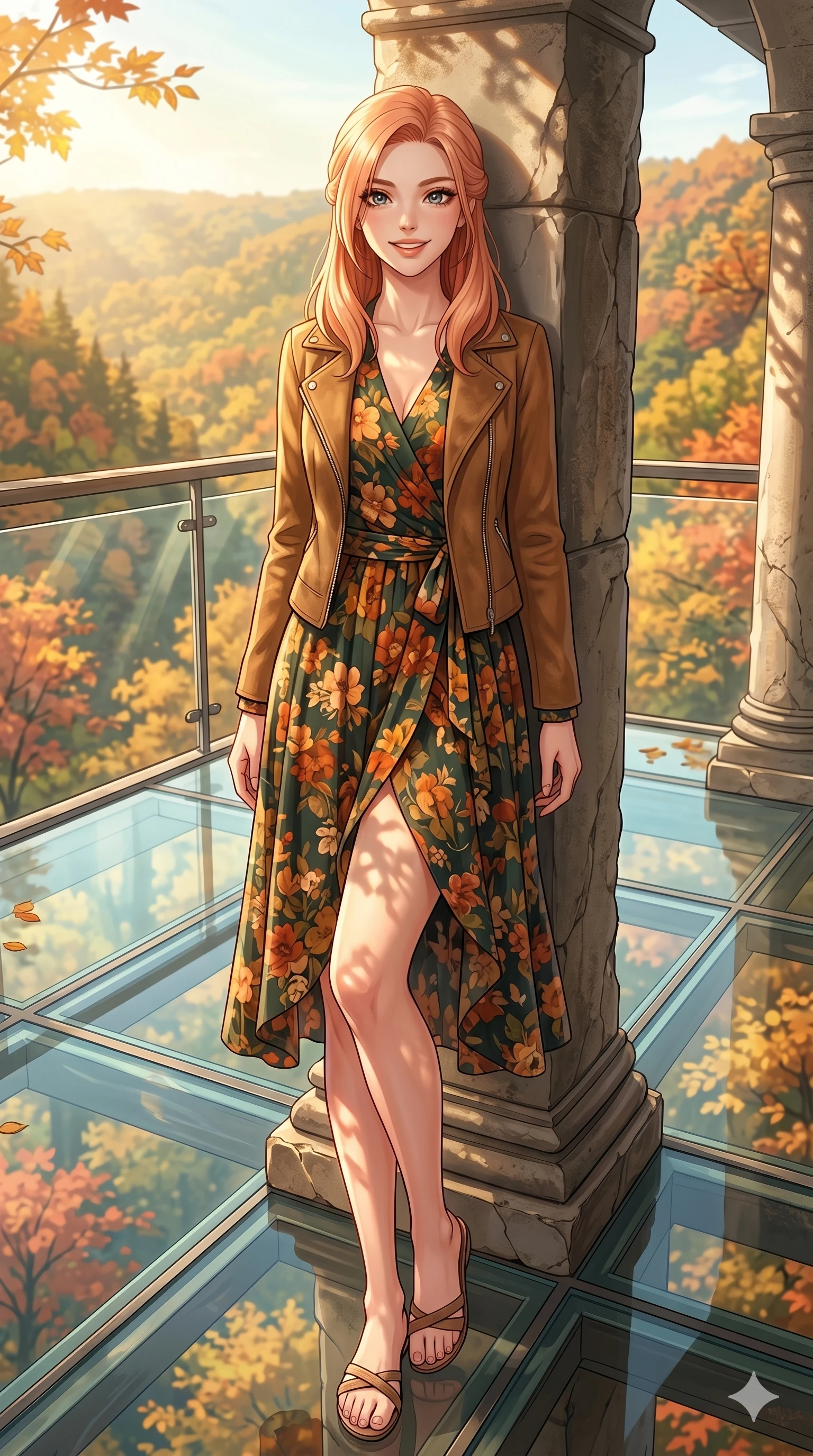 score_9, masterpiece, best quality, ultra-detailed, high-budget anime keyframe, vibrant anime aesthetic, Japanese woman. low angle full-body shot from head to toe showing her feet, filling the entire 9:16 vertical frame with her statuesque presence, stretching her vertical silhouette. She is leaning against a stone pillar, casting a lively, smiling gaze at the lens standing on a floating glass observation deck over a sunny autumn forest valley (Code-P21-018). She has an absolutely perfect 8-heads proportion, an exceptionally tall and slender female figure with impossibly long slender legs and an ultra-slim waist. V-shaped jawline, high-bridge nose, intricate jewel-like eyes with depth, thick eyelashes, glossy lips with a natural sheen. wearing a floral print wrap dress with long sleeves and a suede jacket in autumn. She is drenched in warm afternoon winter sunbeams, casting soft garden shadows on her skin. 2k, ultra detail, master piece, 9:16 ratio