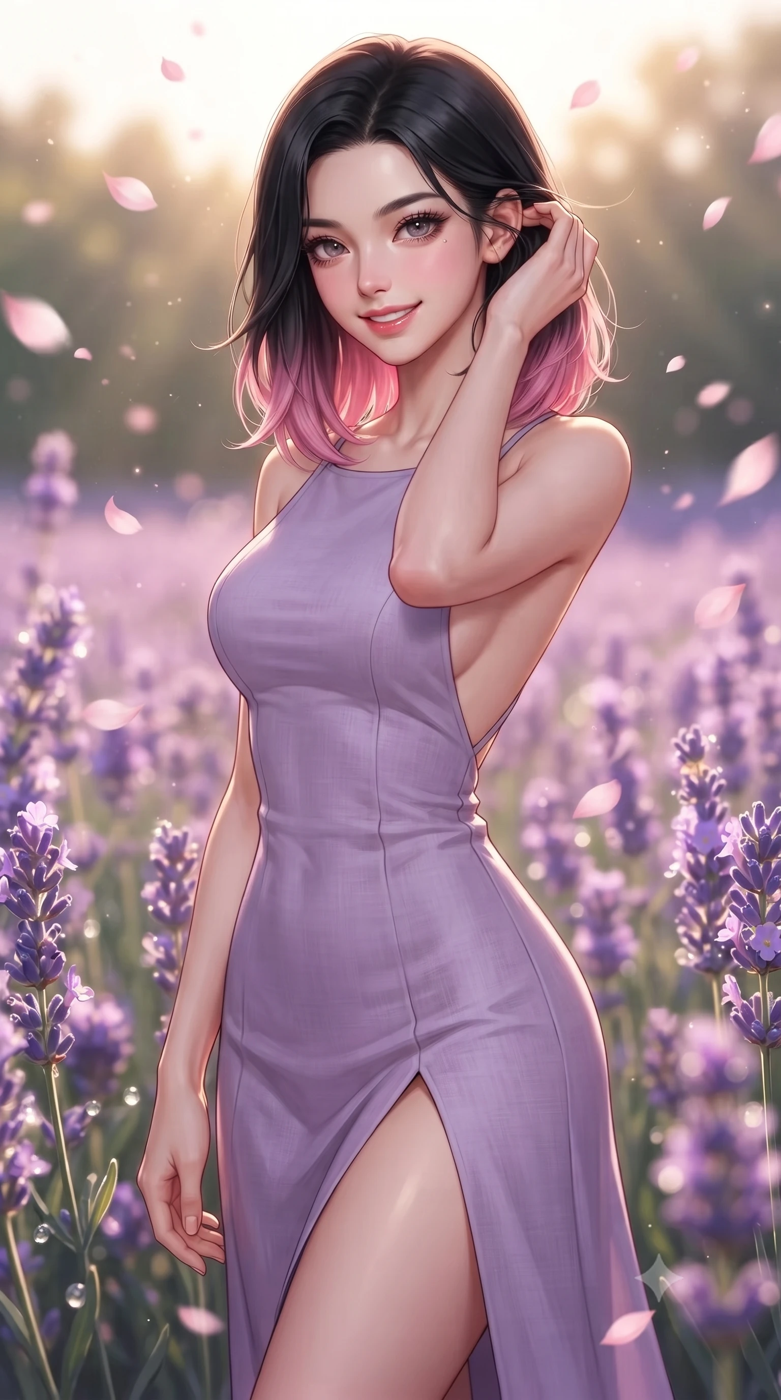 score_9, masterpiece, best quality, ultra-detailed, high-budget anime keyframe, editorial fashion photography, tasteful artistic composition, Korean woman. close-up cowboy shot from the waist and thighs up, the character dominates the composition, filling the frame with her large presence, background elements kept in soft focus. smiling cutely while gently brushing a strand of hair behind her ear set against a soft-focus background of surrounded by a beautiful purple meadow of blooming wild lavender catching falling pink cherry blossom petals with a delighted look. She has an exceptionally elegant, slender, and willowy female figure with an ultra-slim waist, a gracefully sculpted slender torso, and a refined silhouette. sharp v-shaped jawline, high-bridge nose, intricate jewel-like eyes with depth, thick eyelashes, glossy lips with a natural sheen. wearing form-contouring linen sundress with a daring high slit and a low-cut back design. warm morning sunbeams creating fresh dewdrop glints on the flower petals. ultra-reflective glossy finish, specular highlights, metallic sheen, high-contrast stereoscopic depth, volumetric dynamic lighting, 2k, ultra detail, master piece, 9:16 ratio