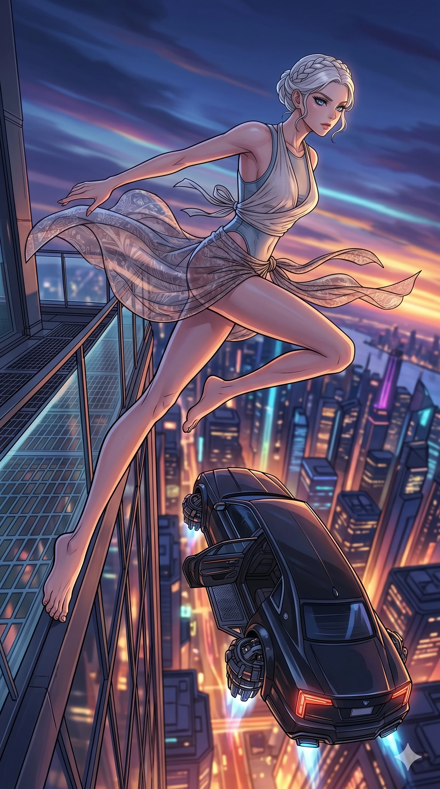 score_9, masterpiece, best quality, ultra-detailed, high-budget anime movie keyframe, cinematic anime lighting, intricate line art, Caucasian (strictly human ears) anime girl. Dynamic full-body shot stretching the vertical silhouette with extreme perspective. leaping from a high-rise balcony into a waiting hover-limo. She has an absolutely perfect 8-heads proportion, an exceptionally tall and slender female figure with an ultra-slim waist and impossibly long slender legs. strictly human anatomy, two legs only, no extra limbs, clearly defined legs and arms, perfect anatomy, perfect hands and fingers. sharp v-shaped jawline, high-bridge nose, intricate jewel-like eyes, thick eyelashes, glossy lips. Wearing Seasonal/Resort: High-cut one-piece with sarong, linen sundress with tie-back, and sheer fabric wrap. The scene is illuminated by dramatic atmospheric lighting and vibrant color palettes. , 2k, ultra detail, master piece, 9:16 ratio