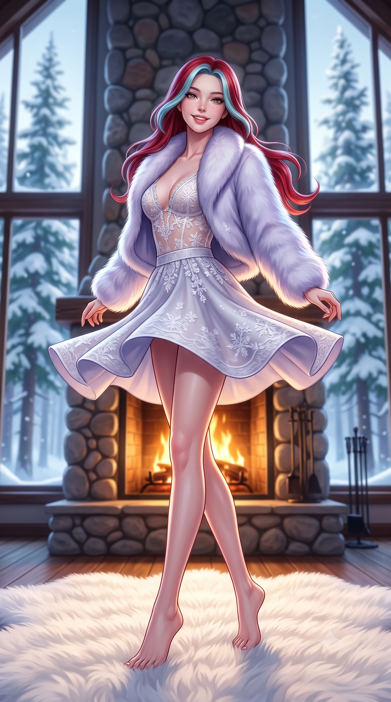 score_9, masterpiece, best quality, ultra-detailed, high-budget anime keyframe, semi-realistic 3D game render, editorial fashion photography, tasteful artistic composition, Caucasian woman. low angle full-body shot from head to toe showing her feet, filling the entire 9:16 vertical frame with her statuesque presence, stretching her vertical silhouette. executing a cheerful mid-motion pivot turn as her winter skirt flutters around her slender legs, glancing over her shoulder with an intoxicating, teasing bedroom-gaze while sitting on an oversized white sheepskin rug before the roaring two-story river-rock fireplace, arching her lower back with cozy yet devastating sensual allure. The composition keeps background elements in soft focus with dreamy creamy bokeh. towering snow-laden Aspen pine trees through colossal cathedral windows blurred into emerald, slate, and frosty white bokeh. She has an exceptionally tall and slender model-like 8.5-heads proportion, an ultra-slim waist, a flat toned midriff, narrow delicate ribcage, and beautifully sculpted feminine hips creating a graceful, slim hourglass silhouette without any bulky heaviness, with impossibly long slender legs. sharp v-shaped jawline, high-bridge nose, sparkling ice-crystal eyes with depth, frosty thick lashes, glossy parted lips with a rosy berry sheen, bright playful smile with an intoxicating seductive glint, rosy flushed cheeks radiating cozy warmth and dangerous allure, flawlessly proportioned anatomical accuracy, strict slender model proportions, natural body alignment, perfectly sculpted long slender limbs, ultra-slim waistline, clean dynamic posture without body distortion. wearing a delicate semi-sheer white lace bodice layered under an open oversized faux-fur bolero in soft lavender mist and pearlescent ice, crafted from sheer delicate thermal stretch lace with snowflake floral motifs, finished with subtle crystal rhinestones lining the plunging neckline, the glove-like silhouette tightly following the natural contour of her hips and long slender legs with youthful 8.5-heads elegance. illuminated by cool winter twilight window bounce and rich warm-gold rim light sculpting her razor-sharp jawline, narrow waist, and curvy hips. highly saturated vibrant anime colors, detailed shading with soft gradients, rich glossy textures, high-contrast stereoscopic depth, volumetric dynamic lighting, master piece, 9:16 ratio