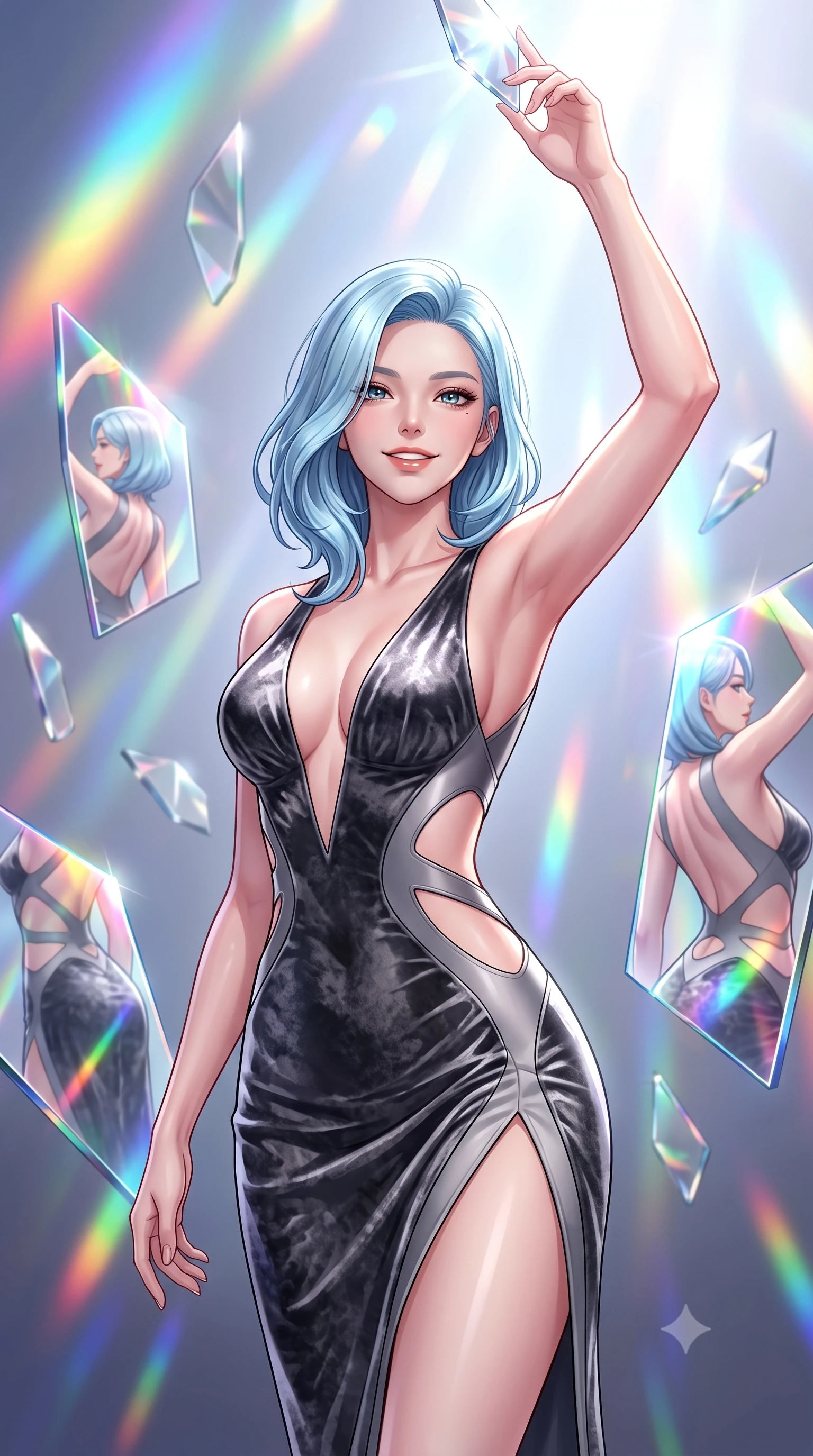 score_9, masterpiece, best quality, ultra-detailed, high-budget anime keyframe, editorial fashion photography, tasteful artistic composition, Korean woman. close-up cowboy shot from the waist and thighs up, the character dominates the composition, filling the frame with her large presence, background elements kept in soft focus. Extending one arm in an elegant stretch toward the light while smiling with magnetic self-assurance while reaching out to touch a hovering mirror petal catching bright studio spotlights, multiple mirror reflections capturing her statuesque form from dramatic angles. She has an exceptionally elegant, slender, and willowy female figure with an ultra-slim waist, a gracefully sculpted slender torso, and a refined silhouette. sharp v-shaped jawline, high-bridge nose, intricate jewel-like eyes with depth, thick eyelashes, glossy lips with a natural sheen, flawlessly proportioned anatomical accuracy, natural body alignment, perfectly sculpted elegant limbs, clean dynamic posture without body distortion. wearing a backless crushed velvet gown with a deep V-neckline and high thigh slit in charcoal grey and platinum, formed from sleek second-skin neoprene, featuring clean architectural cutouts along her slender torso, the tailored fabric tightly following every curve of her athletic build. bathed in brilliant multi-color rainbow light refracting through mirror fragments. highly saturated vibrant anime colors, detailed shading with soft gradients, rich glossy textures, high-contrast stereoscopic depth, volumetric dynamic lighting, master piece, 9:16 ratio