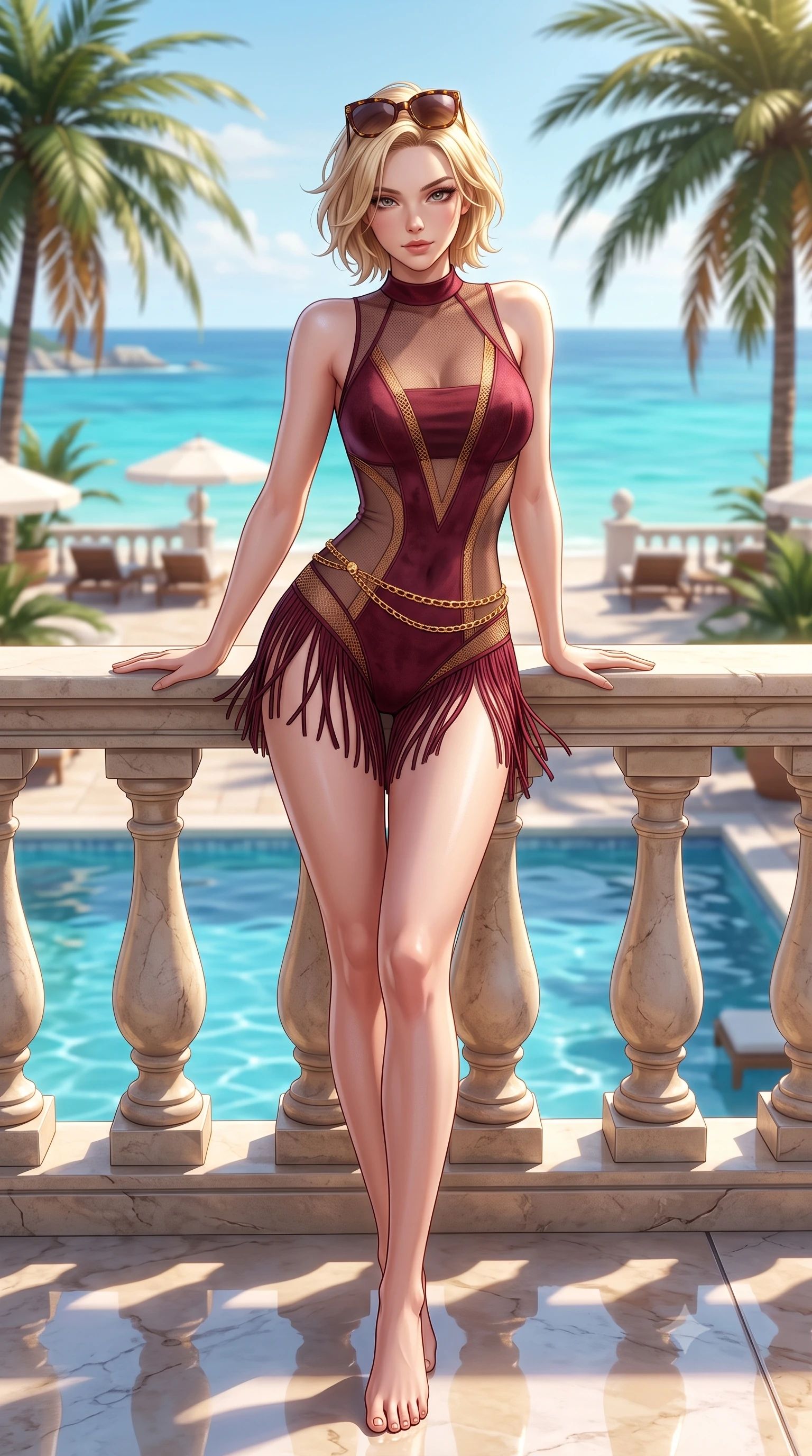 score_9, masterpiece, best quality, ultra-detailed, high-budget anime keyframe, semi-realistic 3D game render, editorial fashion photography, tasteful artistic composition, Caucasian woman. low angle full-body shot from head to toe showing her feet, filling the entire 9:16 vertical frame with her statuesque presence, stretching her vertical silhouette. leaning deep against the balcony balustrade with hips cocked back in an unapologetically alluring high-fashion stance, casting an intoxicating glance while twisting her slender torso in an alluring contrapposto stance, Mediterranean sea breezes playing with her wet hair and curvy hips. The surrounding environment is rendered in vivid detail and crisp panoramic clarity: detailed wet-look neoprene zip swimsuit cling, gold waist chain shine, and luxury beach club styling in razor-sharp precision. She has an absolutely perfect, statuesque 8.5-heads proportion, an exceptionally tall and slender model-like female figure with impossibly long slender legs, an ultra-slim waist, a flat toned midriff, narrow delicate ribcage, and beautifully sculpted feminine hips creating a graceful, slim hourglass silhouette without any bulky heaviness. sharp v-shaped jawline, high-bridge nose, sparkling eyes with hypnotic seductive depth, thick curled eyelashes, glossy parted lips with a natural dewy peach sheen, alluring bedroom-eyes with an enchanting coquettish smile, exuding magnetic siren charisma and sophisticated glamour, flawlessly proportioned anatomical accuracy, strict slender model proportions, natural body alignment, perfectly sculpted long slender limbs, ultra-slim waistline, clean dynamic posture without body distortion. wearing a provocative sheer illusion mesh western bodysuit with fringe trim layered over an opaque bandeau and briefs in smoky bordeaux wine and gilded copper, tailored from ultra-soft distressed suede with velvety hand-feel and rich shadow depth, complemented by oversized designer tortoiseshell sunglasses resting atop her head, the liquid-tight tailored fabric clinging flawlessly to her narrow waist and rounded feminine hips, emphasizing every millimeter of her sculpted slim hourglass curves without any bulky heaviness. illuminated by sea water reflection fill and sharp platinum-gold rim lights sculpting her razor-sharp jawline, narrow waist, and curvy hips. highly saturated vibrant anime colors, detailed shading with soft gradients, rich glossy textures, high-contrast stereoscopic depth, volumetric dynamic lighting, master piece, 9:16 ratio