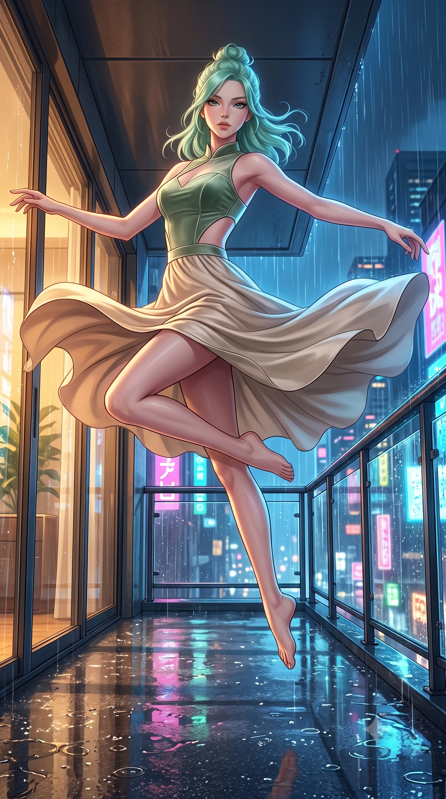 score_9, masterpiece, best quality, ultra-detailed, high-budget anime keyframe, editorial fashion photography, tasteful artistic composition, Japanese woman. low angle full-body shot from head to toe showing her feet, filling the entire 9:16 vertical frame with her statuesque presence, stretching her vertical silhouette. performing an athletic mid-air rotation with flawless poise, her vertical silhouette beautifully stretched while leaping across a rain-slicked balcony as wet asphalt below reflects city lights, wet glass surfaces casting glossy specular highlights from surrounding billboards. She has an absolutely perfect, statuesque 8.5-heads proportion, an exceptionally tall and slender model-like female figure with impossibly long slender legs and an ultra-slim waist. sharp v-shaped jawline, high-bridge nose, intricate jewel-like eyes with depth, thick eyelashes, glossy lips with a natural sheen, flawlessly proportioned anatomical accuracy, natural body alignment, perfectly sculpted elegant limbs, clean dynamic posture without body distortion. wearing a modern fusion silk hanbok dress with a structured bodice and flowing skirt in sage green and oatmeal, made of premium stretch velvet with a rich sheen, featuring clean architectural cutouts along her slender torso, the tailored fabric tightly following every curve of her athletic build. illuminated by warm indoor golden light and cool rainy blue neon rim light. highly saturated vibrant anime colors, detailed shading with soft gradients, rich glossy textures, high-contrast stereoscopic depth, volumetric dynamic lighting, master piece, 9:16 ratio