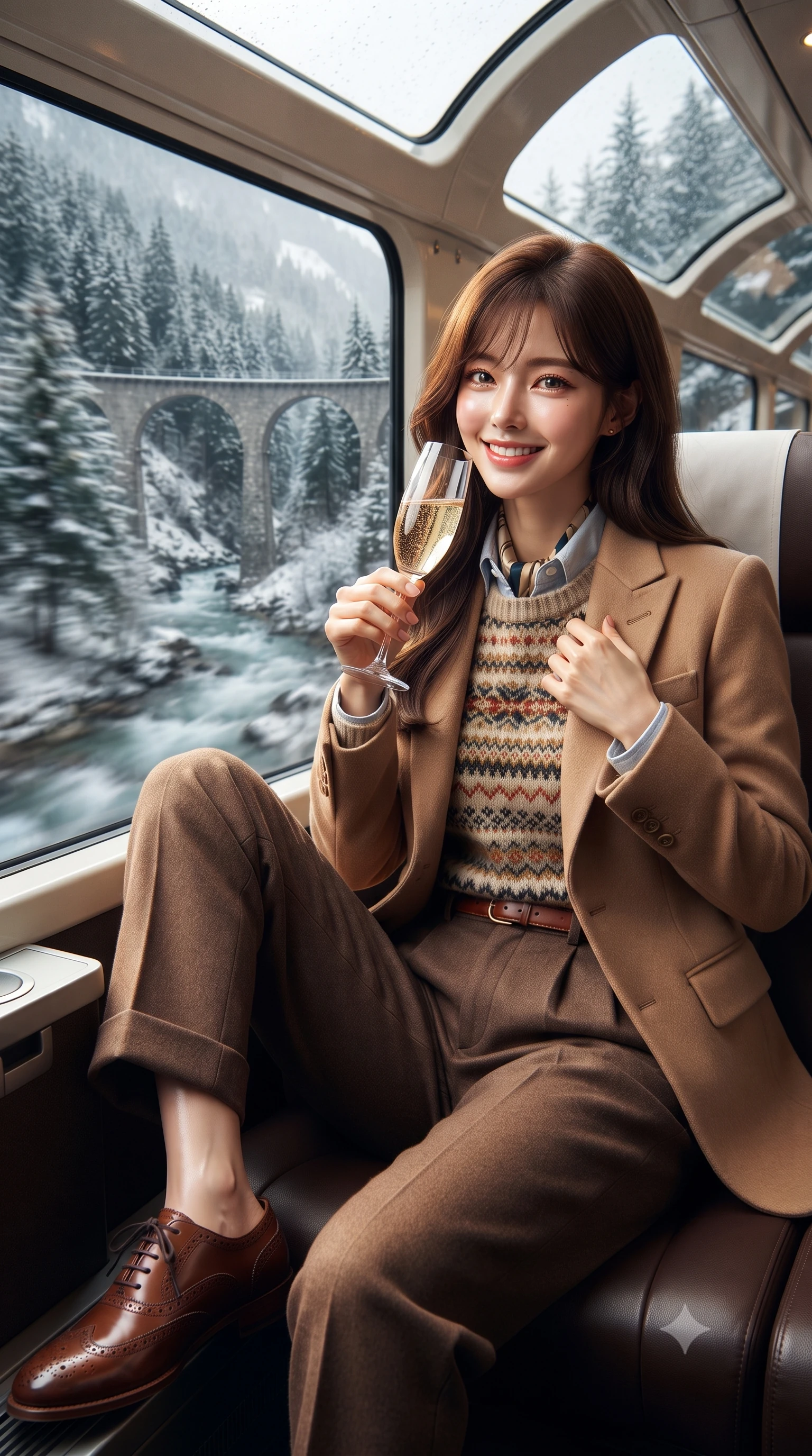 score_9, masterpiece, best quality, ultra-detailed, high-budget anime keyframe, editorial fashion photography, tasteful artistic composition, Korean woman. close-up cowboy shot from the waist and thighs up, the character dominates the composition, filling the frame with her large presence. resting one hand gracefully on her tailored blazer lapel while looking into the camera with bright, sparkling eyes while sipping champagne from a fluted glass as the train crosses a monumental stone viaduct, her tailored wool ensemble radiating old-world luxury. The background shows a soft-focus dramatic Landwasser viaduct stone arches, roaring mountain river gorges, and frosted pine forests rushing past blurred into deep evergreen, slate, and snow white bokeh. She has an exceptionally elegant, slender, and willowy female figure with an ultra-slim waist, flat toned midriff, narrow ribcage, and sculpted feminine hips creating an alluring, slim hourglass silhouette without bulk. sharp v-shaped jawline, high-bridge nose, intricate jewel-like sparkling eyes with depth, thick eyelashes, glossy parted lips with a natural peach sheen, bright cheerful beaming smile with an enchanting and coquettish sensual glint, exuding both youthful cute charm and seductive allure, flawlessly proportioned anatomical accuracy, strict slender model proportions, natural body alignment, perfectly sculpted long slender limbs, ultra-slim waistline, clean dynamic posture without body distortion. wearing a Fair Isle patterned lambswool knit sweater layered over an Oxford button-down shirt with pleated wool trousers in Saint-Germain camel wool and warm espresso, crafted from fluid mulberry silk twill with an understated lustrous pearl finish, complemented by classic polished leather oxfords with brogue perforations, the precision-cut high-waisted tailoring accentuating her ultra-slim waist and long slender leg line with immaculate aristocratic poise. bathed in dynamic shifting daylight filtering through curved glass roof panels as the train glides through alpine mountain passes. ultra-reflective glossy finish, specular highlights, rich textural contrasts, high-contrast stereoscopic depth, volumetric dynamic lighting, 2k, ultra detail, master piece, 9:16 ratio