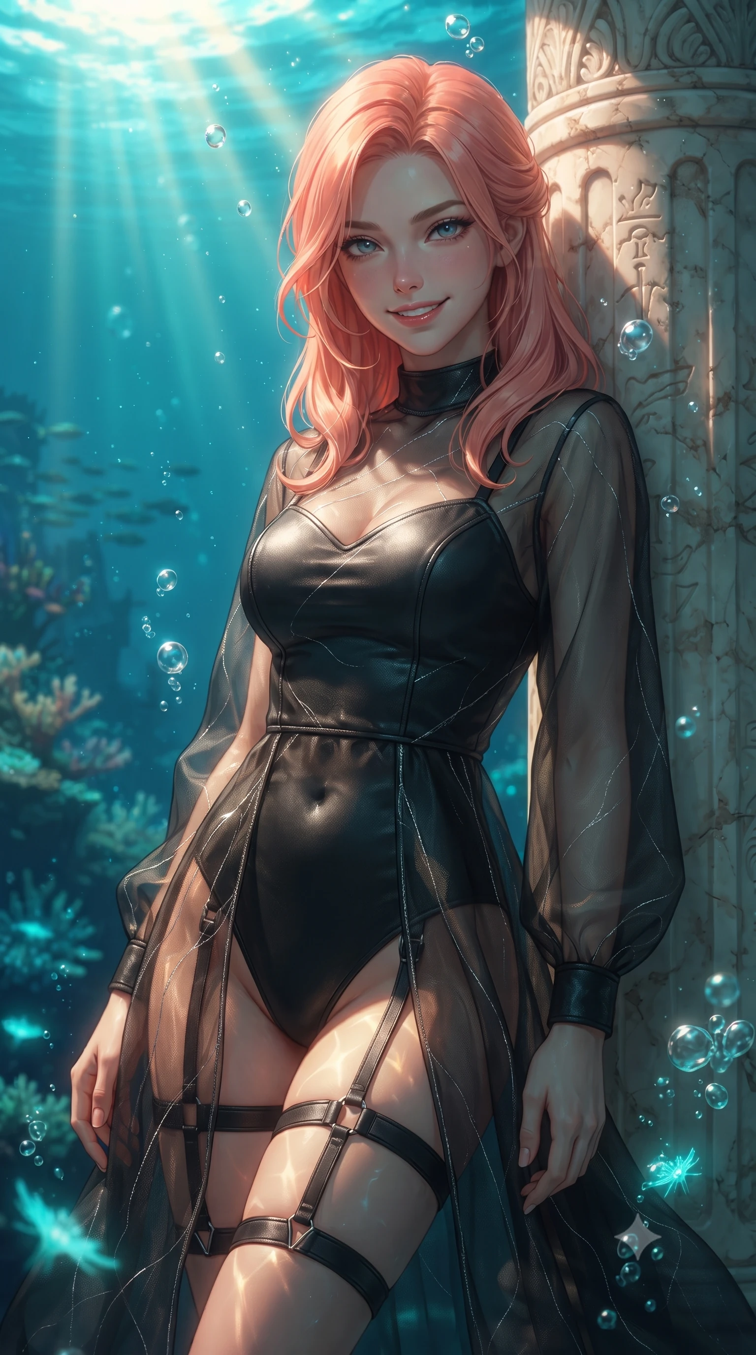 score_9, masterpiece, best quality, ultra-detailed, high-budget anime keyframe, editorial fashion photography, tasteful artistic composition, Japanese woman. close-up cowboy shot from the waist and thighs up, the character dominates the composition, filling the frame with her large presence, background elements kept in soft focus. Smiling with quiet, magnetic self-assurance directly into the lens resting against an antique marble pillar as gentle sea bubbles rise around her, golden sunbeams penetrating deep turquoise water creating caustic light patterns. She has an exceptionally elegant, slender, and willowy female figure with an ultra-slim waist, a gracefully sculpted slender torso, and a refined silhouette. sharp v-shaped jawline, high-bridge nose, intricate jewel-like eyes with depth, thick eyelashes, glossy lips with a natural sheen. wearing a semi-opaque sheer overlay dress over a sleek leather micro-bodysuit with garter details, the tailored fabric tightly following every curve of her athletic build. illuminated by luminous aqua bioluminescence and warm golden top lighting. ultra-reflective glossy finish, specular highlights, metallic sheen, high-contrast stereoscopic depth, volumetric dynamic lighting, 2k, ultra detail, master piece, 9:16 ratio