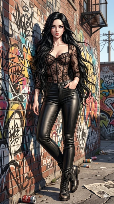 score_9, score_8_up, score_7_up, source_anime, masterpiece, best quality, ultra-detailed, same character with long flowing black hair, wearing a sheer floral lace corset top and leather pants, full body shot leaning against a graffiti-covered wall, e