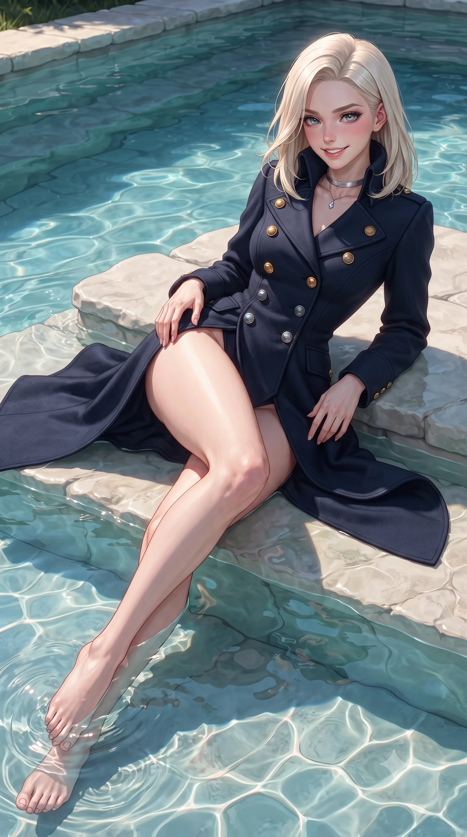 score_9, masterpiece, best quality, ultra-detailed, high-budget anime keyframe, editorial fashion photography, tasteful artistic composition, Caucasian woman. close-up cowboy shot from the waist and thighs up, the character dominates the composition, filling the frame with her large presence. tilting her head with a teasing half-smile, running one hand slowly down the side of her hip in a flirtatious S-curve as ambient light caresses her silhouette while reclining gracefully on the submerged heated limestone shelf with legs extended, displaying her long slender limbs and statuesque hourglass silhouette against the radiant pool. The surrounding environment is rendered in vivid detail and crisp panoramic clarity: sharp limestone strata textures, delicate glowing lotus petal veins, and crystal-clear water surface ripples in deep focus. She has an exceptionally elegant, slender, and willowy female figure with an ultra-slim waist, flat toned midriff, narrow ribcage, and sculpted feminine hips creating an alluring, slim hourglass silhouette without bulk. sharp v-shaped jawline, high-bridge nose, intricate jewel-like sparkling eyes with depth, thick eyelashes, glossy parted lips with a natural peach sheen, bright cheerful beaming smile with an enchanting and coquettish sensual glint, exuding both youthful cute charm and seductive allure, flawlessly proportioned anatomical accuracy, strict slender model proportions, natural body alignment, perfectly sculpted long slender limbs, ultra-slim waistline, clean dynamic posture without body distortion. wearing a structured high-collar Victorian opera greatcoat in midnight navy wool with polished brass crest buttons in charcoal grey and polished chrome, crafted from bespoke double-faced cashmere with an exceptionally soft tactile finish, finished with a minimalist chrome choker and a single teardrop diamond pendant, the bespoke structured tailoring following the natural line of her 8.5-heads silhouette with refined elegance. illuminated by water caustics bounce and sharp aquamarine-pink rim lights defining her razor-sharp jawline, narrow waist, and curvy hips. ultra-reflective glossy finish, specular highlights, rich textural contrasts, high-contrast stereoscopic depth, volumetric dynamic lighting, 2k, ultra detail, master piece, 9:16 ratio