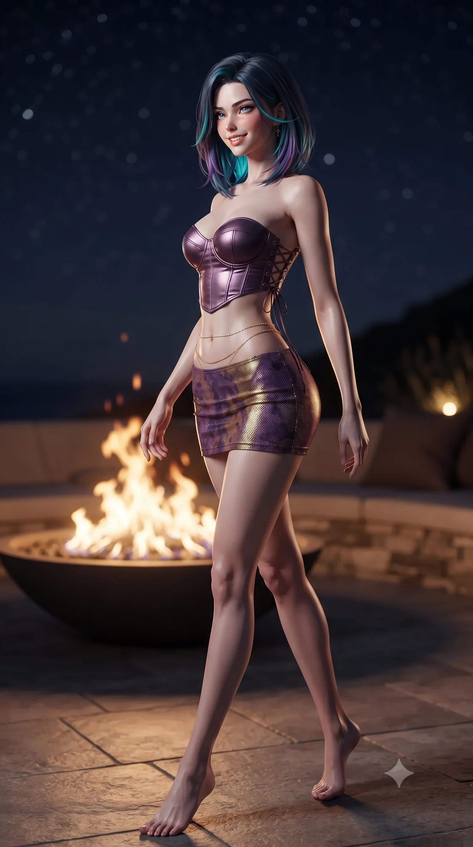 score_9, masterpiece, best quality, ultra-detailed, high-budget anime keyframe, editorial fashion photography, tasteful artistic composition, Caucasian woman. low angle full-body shot from head to toe showing her feet, filling the entire 9:16 vertical frame with her statuesque presence, stretching her vertical silhouette. walking along the terrace with poise, looking back over her bare shoulder with an irresistible smoldering bedroom-gaze while twisting her slender torso in an alluring S-curve beside the sunken outdoor fire bowl, golden flame ribbons tracing her curves and flat midriff. The background shows a soft-focus dancing fire bowl flames softened in avant-garde Hebridean cliffside sanctuary shallow focus. She has an exceptionally tall and slender model-like 8.5-heads proportion, an ultra-slim waist, a flat toned midriff, narrow delicate ribcage, and beautifully sculpted feminine hips creating a graceful, slim hourglass silhouette without any bulky heaviness, with impossibly long slender legs. sharp v-shaped jawline, high-bridge nose, intricate jewel-like sparkling eyes with depth, thick eyelashes, glossy parted lips with a natural peach sheen, bright cheerful beaming smile with an enchanting and coquettish sensual glint, exuding both youthful cute charm and seductive allure, flawlessly proportioned anatomical accuracy, strict slender model proportions, natural body alignment, perfectly sculpted long slender limbs, ultra-slim waistline, clean dynamic posture without body distortion. wearing a sculpted satin underwire crop bustier with lace-up side ties paired with a micro skirt in Scottish Highlands heather thistle purple and antique hearth ember gold, crafted from stretch micro-mesh with liquid foil coating that shimmers with every movement, accented with a dainty gold belly chain resting across her flat midriff and curving hips, the glove-like clinging cut tightly following the natural contour of her hips and long slender legs with youthful 8.5-heads elegance. bathed in the contrast of warm 2100K outdoor fire pit flames and brilliant unpolluted Dark Sky Reserve starlight. ultra-reflective glossy finish, specular highlights, rich textural contrasts, high-contrast stereoscopic depth, volumetric dynamic lighting, 2k, ultra detail, master piece, 9:16 ratio