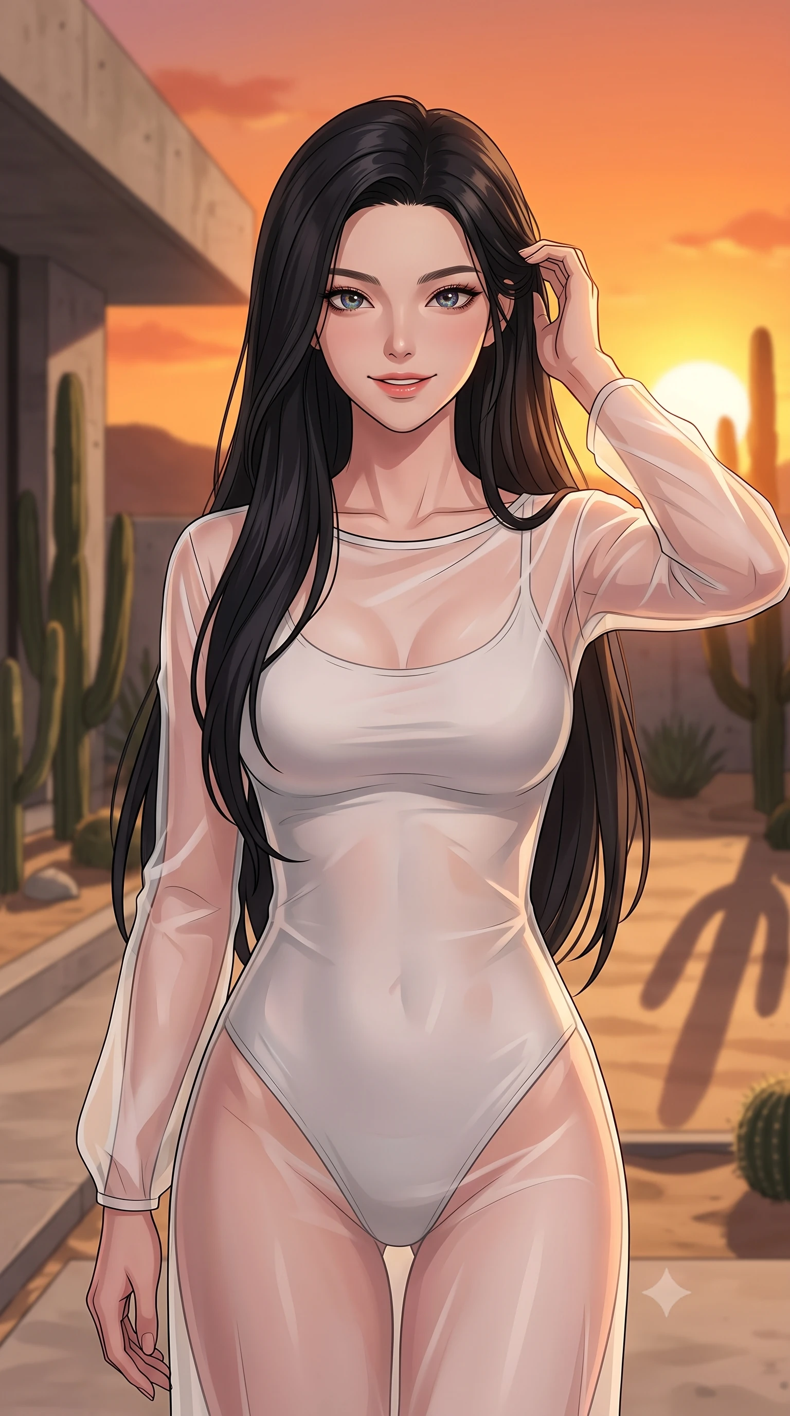 score_9, masterpiece, best quality, ultra-detailed, high-budget anime keyframe, tasteful artistic composition, Korean woman. close-up cowboy shot from the waist and thighs up, the character dominates the composition, filling the frame with her large presence, background elements kept in soft focus. smiling with quiet, magnetic self-assurance directly into the camera, running a hand through her hair the background shows a soft-focus a modern concrete villa garden with minimalist cacti and sand landscaping at sunset. She has an exceptionally elegant, slender, and willowy female figure with an ultra-slim waist, a gracefully sculpted slender torso, and a refined silhouette. sharp v-shaped jawline, high-bridge nose, intricate jewel-like eyes with depth, thick eyelashes, glossy lips with a natural sheen. wearing a body-hugging sheer white organza resort cover-up worn over a form-fitting one-piece swimsuit, showing her elegant clavicle lines. the dramatic orange glow of a sunset casting long cactus shadows. highly saturated vibrant anime colors, cel-shading, 2d style, master piece, 9:16 ratio
