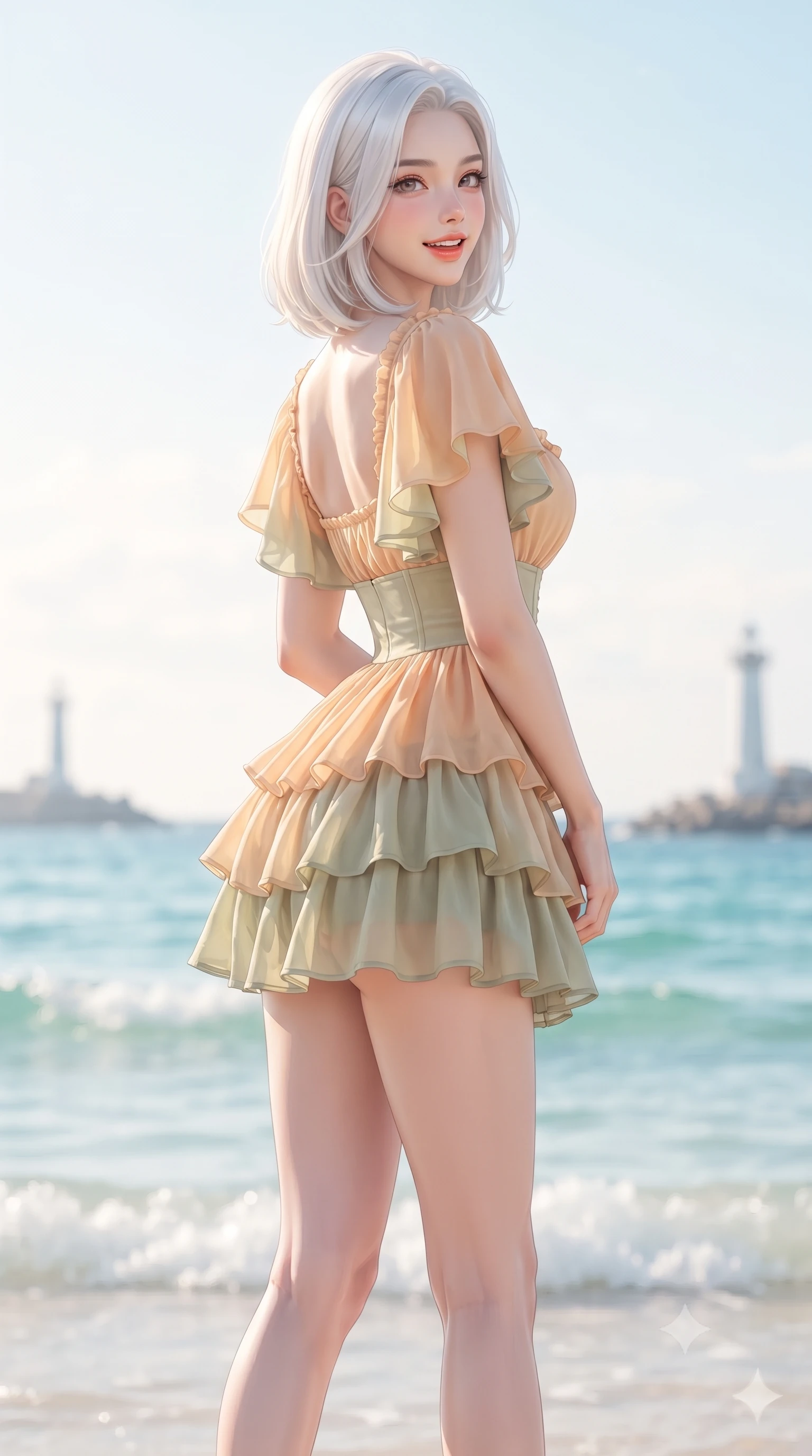 score_9, masterpiece, best quality, ultra-detailed, high-budget anime keyframe, editorial fashion photography, tasteful artistic composition, Korean woman. low angle full-body shot from head to toe showing her feet, filling the entire 9:16 vertical frame with her statuesque presence, stretching her vertical silhouette. posing with back turned slightly to the lens, glancing back with an enchanting, playful smile as she arches her lower back to emphasize her sculpted feminine hips and slender waist while turning in an alluring dancer S-curve as her breezy sundress catches the island wind, gazing toward the sunlit horizon with parted glossy lips. The composition keeps background elements in soft focus with dreamy creamy bokeh. gentle ocean waves and distant coastal lighthouses softened in breezy vacation shallow focus. She has an exceptionally tall and slender model-like 8.5-heads proportion, an ultra-slim waist, a flat toned midriff, narrow delicate ribcage, and beautifully sculpted feminine hips creating a graceful, slim hourglass silhouette without any bulky heaviness, with impossibly long slender legs. sharp v-shaped jawline, high-bridge nose, intricate jewel-like sparkling eyes with depth, thick eyelashes, glossy parted lips with a natural peach sheen, bright cheerful beaming smile with an enchanting and coquettish sensual glint, exuding both youthful cute charm and seductive allure, flawlessly proportioned anatomical accuracy, strict slender model proportions, natural body alignment, perfectly sculpted long slender limbs, ultra-slim waistline, clean dynamic posture without body distortion. wearing a tiered ruffled chiffon mini dress with a fitted corseted waist and open back in soft apricot and sage green, crafted from soft breathable linen with effortless natural drape, featuring elegant flutter sleeves and a graceful square neckline, the liquid-tight tailored fabric clinging flawlessly to her narrow waist and rounded feminine hips, emphasizing every millimeter of her sculpted slim hourglass curves without any bulky heaviness. bathed in brilliant island sunshine and vibrant turquoise sea bounce fill. ultra-reflective glossy finish, specular highlights, rich textural contrasts, high-contrast stereoscopic depth, volumetric dynamic lighting, 2k, ultra detail, master piece, 9:16 ratio