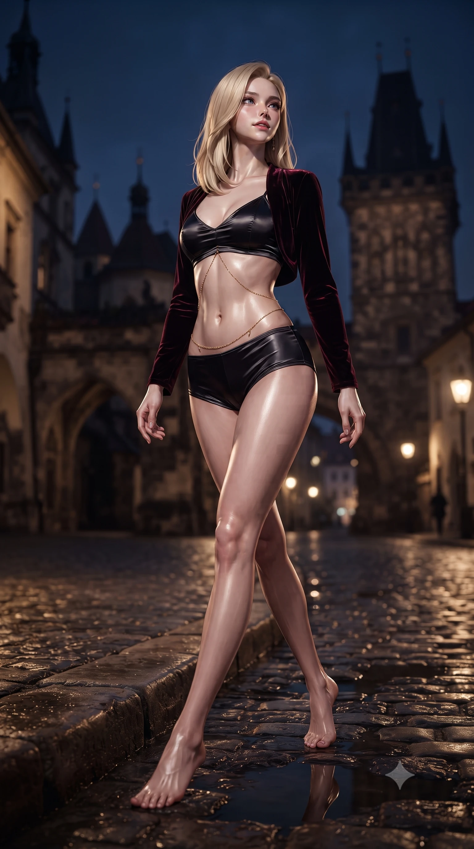 score_9, masterpiece, best quality, ultra-detailed, high-budget anime keyframe, editorial fashion photography, tasteful artistic composition, Korean woman. low angle full-body shot from head to toe showing her feet, filling the entire 9:16 vertical frame with her statuesque presence, stretching her vertical silhouette. sitting poised on the stone steps with one knee bent, arching her spine with supermodel elegance as she glances upward through thick eyelashes while walking slowly across the wet cobblestones, hips swaying in an alluring kinetic rhythm that commands the ancient fortress. The background shows a soft-focus wet cobblestone streets softened in historic Transylvanian night shallow focus. She has an absolutely perfect, statuesque 8.5-heads proportion, an exceptionally tall and slender model-like female figure with impossibly long slender legs, an ultra-slim waist, a flat toned midriff, narrow delicate ribcage, and beautifully sculpted feminine hips creating a graceful, slim hourglass silhouette without any bulky heaviness. sharp v-shaped jawline, high-bridge nose, sparkling eyes with hypnotic seductive depth, thick curled eyelashes, glossy parted lips with a natural dewy peach sheen, alluring bedroom-eyes with an enchanting coquettish smile, exuding magnetic siren charisma and sophisticated glamour, flawlessly proportioned anatomical accuracy, strict slender model proportions, natural body alignment, perfectly sculpted long slender limbs, ultra-slim waistline, clean dynamic posture without body distortion. wearing a modern two-piece vampire siren set featuring an open-front velvet bolero and curve-hugging satin hot-pants in wet-look onyx black with crimson specular reflections, woven from buttery-soft stretch lambskin leather adhering to her body like a second skin, accented with a dainty gold belly chain resting across her flat midriff and curving hips, the form-contouring silhouette accentuating her sculpted flat midriff, narrow delicate ribcage, and gracefully curvy hips with intoxicating allure. illuminated by wet cobblestone puddle bounce and sharp warm-gold rim lights sculpting her razor-sharp jawline, narrow waist, and curvy hips. ultra-reflective glossy finish, specular highlights, rich textural contrasts, high-contrast stereoscopic depth, volumetric dynamic lighting, 2k, ultra detail, master piece, 9:16 ratio