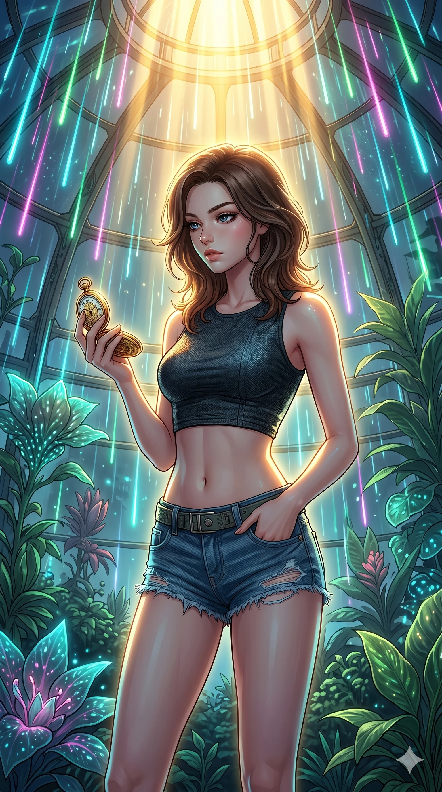 score_9, masterpiece, best quality, ultra-detailed, high-budget anime keyframe, editorial fashion photography, tasteful artistic composition, Korean woman. cowboy shot from the thighs up, character and outfit filling the frame for maximum editorial presence. holding a golden pocket watch, looking past the camera in a futuristic greenhouse under a dome of falling neon rain (Code-P17-069). She has an absolutely perfect 8-heads proportion, an exceptionally tall and slender female figure with impossibly long slender legs and an ultra-slim waist. V-shaped jawline, high-bridge nose, intricate jewel-like eyes with depth, thick eyelashes, glossy lips with a natural sheen. wearing a modern crop top exposing her bare midriff, paired with denim micro-shorts. brilliant golden rays from the ceiling, creating a warm glowing aura on her silhouette. 2k, ultra detail, master piece, 9:16 ratio