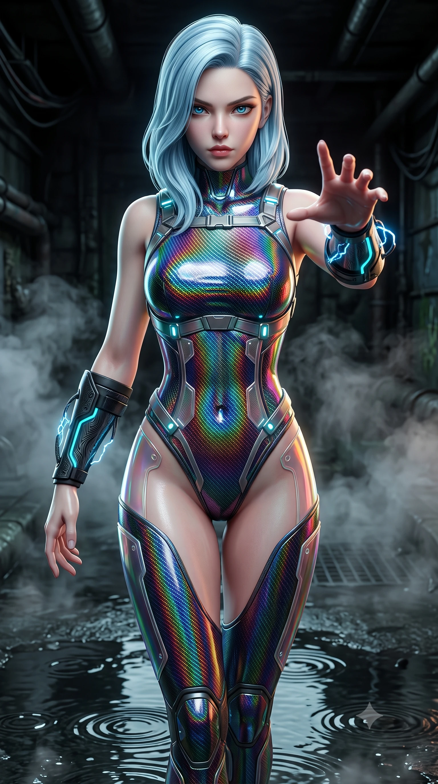 score_9, masterpiece, best quality, ultra-detailed, high-budget anime keyframe, semi-realistic 3D game render, editorial fashion photography, tasteful artistic composition, Korean woman. close-up cowboy shot from the waist and thighs up, the character dominates the composition, filling the frame with her large presence. in a razor-sharp Panzer Kunst fighting guard, one hand extended with palm open in fluid kinetic tension, captivating jewel-like eyes locked onto the viewer with dangerous focus while stepping forward through drifting sewer steam with a slow, predatory combat advance that commands total respect. The surrounding environment is rendered in vivid detail and crisp panoramic clarity. intricate cybernetic conduit wires on armor, electric arc discharge filaments, and puddle ripples in high resolution. She has an exceptionally elegant, slender, and willowy female figure with an ultra-slim waist, a gracefully sculpted slender torso, toned flat midriff, and a refined slim silhouette. sharp v-shaped jawline, high-bridge nose, intricate jewel-like eyes with depth, thick eyelashes, glossy lips with a natural sheen, flawlessly proportioned anatomical accuracy, strict slender model proportions, natural body alignment, perfectly sculpted long slender limbs, ultra-slim waistline, clean dynamic posture without body distortion. wearing a high-gloss iridescent rainbow carbon-weave bodysuit with translucent cybernetic panels and Damascus-steel forearm bracers in matte obsidian carbon black with electric cyan conduits, tailored from flexible second-skin carbon-mesh that clings flawlessly to her athletic curves, reinforced by a sleek titanium kinetic harness and glowing micro-energy straps, the glove-like aerodynamic second-skin fit tightly clinging to her ultra-slender waist and athletic curves without adding bulk, accentuating her razor-sharp statuesque lines and slim hourglass silhouette. surrounded by a dangerous, gritty, and intensely captivating martial femme-fatale noir aura. rich saturated anime colors with glowing neon highlights, detailed shading with soft gradients, rich glossy textures, high-contrast stereoscopic depth, volumetric dynamic lighting, master piece, 9:16 ratio