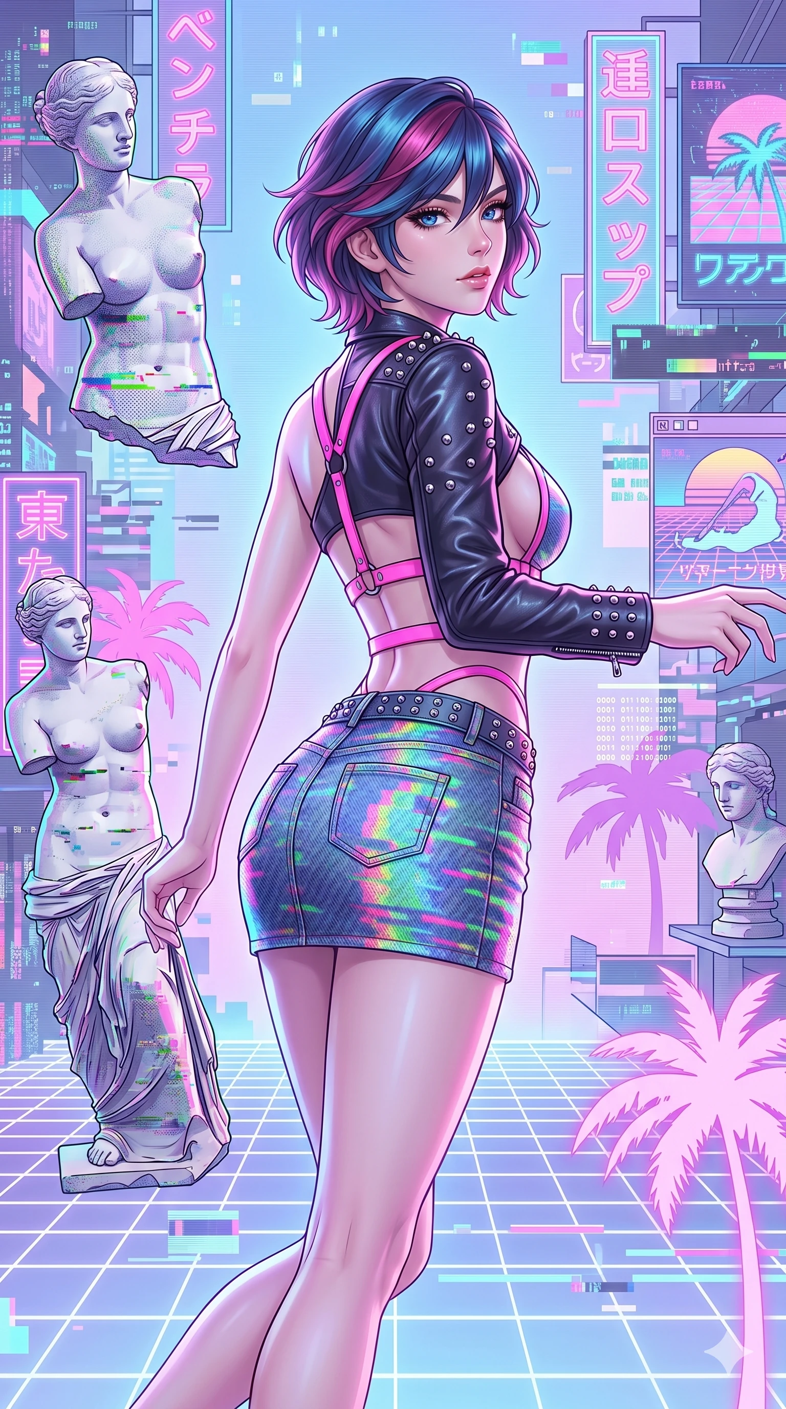 score_9, masterpiece, best quality, ultra-detailed, high-budget anime keyframe, Caucasian woman, strictly human ears. upper body close-up from the thighs up, character filling the screen for maximum presence. drifting through a holographic vaporwave oasis with floating grid floors, lo-fi marble statues, and glowing pink palms. She has an absolutely perfect 8-heads proportion, an exceptionally tall and slender female figure with impossibly long slender legs and an ultra-slim waist. V-shaped jawline, high-bridge nose, intricate jewel-like eyes with depth, thick eyelashes, glossy lips with a natural sheen.. wearing a glitch denim and studded leather outfit, featuring an RGB glitch pattern denim micro-skirt, a single-sleeve cropped leather jacket, and neon pink harness straps. enhanced by a luminous pastel spectrum glow, casting elegant rim lights on her shoulders and jawline. 2k, ultra detail, master piece, 9:16 ratio