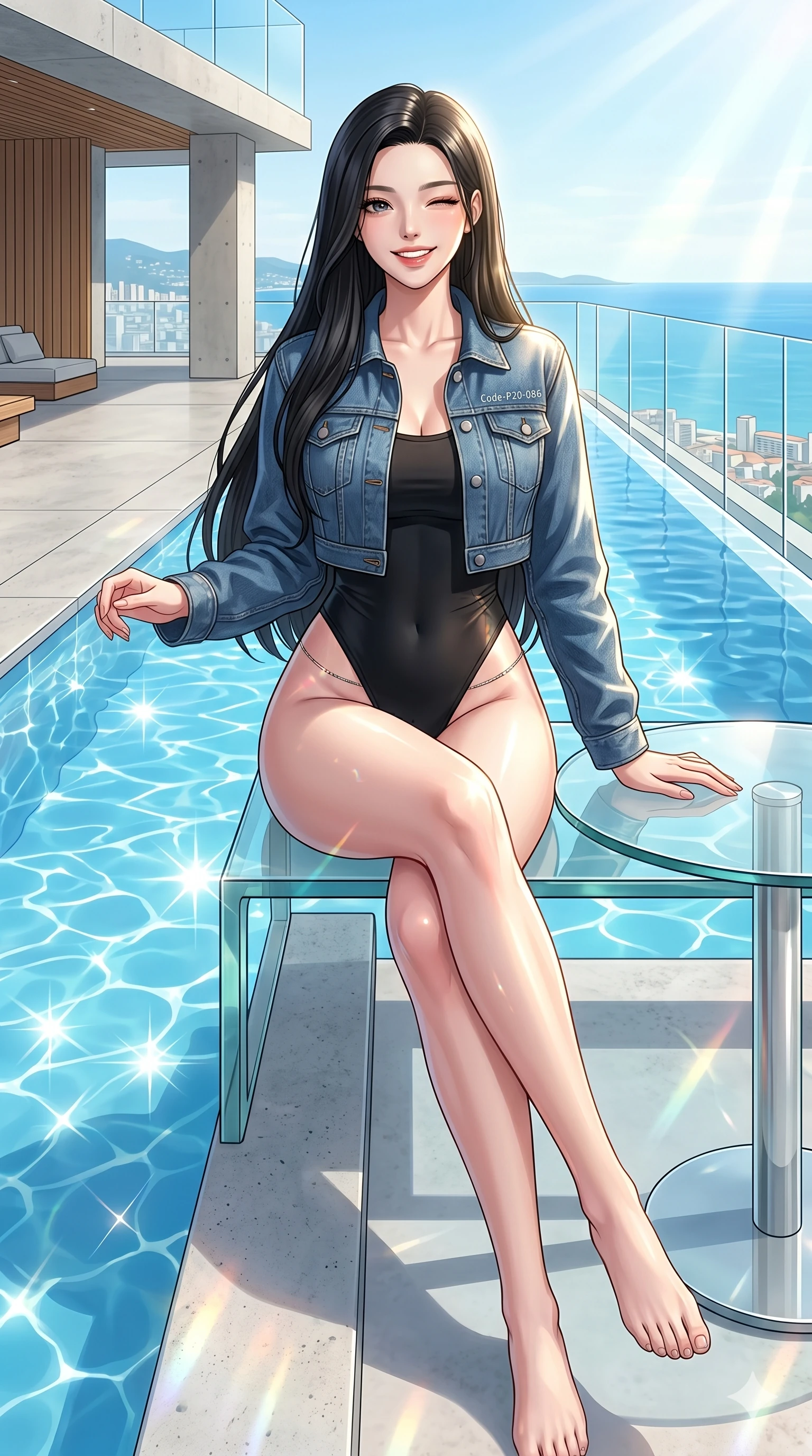 score_9, masterpiece, best quality, ultra-detailed, high-budget anime keyframe, vibrant anime aesthetic, Korean woman. cowboy shot from the thighs up, character and outfit filling the frame for maximum presence. She is sitting by a glass table, winking and smiling cheerfully at the camera by a modern infinity pool overlooking a clear sky (Code-P20-086). She has an absolutely perfect 8-heads proportion, an exceptionally tall and slender female figure with impossibly long slender legs and an ultra-slim waist. V-shaped jawline, high-bridge nose, intricate jewel-like eyes with depth, thick eyelashes, glossy lips with a natural sheen. wearing a high-cut leg bodysuit under a cropped jacket with exposed waist. She is drenched in bright, warm sunbeams reflecting off the pool water, casting dancing highlights. 2k, ultra detail, master piece, 9:16 ratio