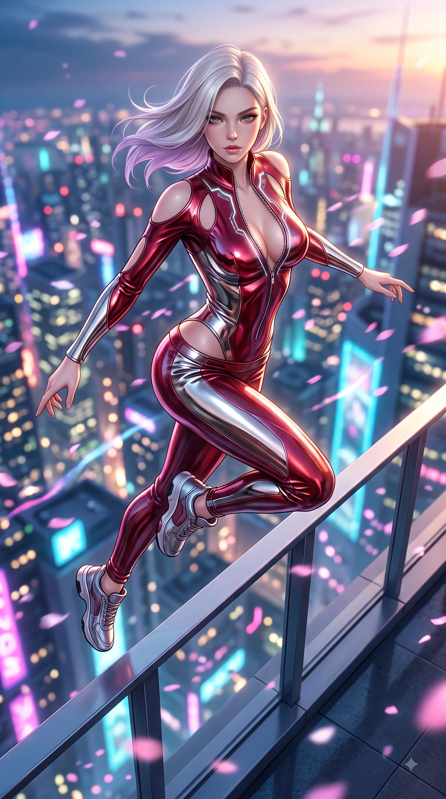 score_9, masterpiece, best quality, ultra-detailed, high-budget anime keyframe, semi-realistic 3D game render, editorial fashion photography, tasteful artistic composition, Caucasian woman. low angle full-body shot from head to toe showing her feet, filling the entire 9:16 vertical frame with her statuesque presence, stretching her vertical silhouette. performing an alluring mid-air vault with flawless poise, looking directly into the camera with smoldering intensity while leaning dangerously against a sleek rooftop railing overlooking an infinite neon-lit metropolis. The composition keeps background elements in soft focus with creamy bokeh. twinkling cyberpunk city lights and glowing sakura petal trails blurred into vibrant neon bokeh. She has an absolutely perfect, statuesque 8.5-heads proportion, an exceptionally tall and slender model-like female figure with impossibly long slender legs and an ultra-slim waist. sharp v-shaped jawline, high-bridge nose, intricate jewel-like eyes with depth, thick eyelashes, glossy lips with a natural sheen, flawlessly proportioned anatomical accuracy, natural body alignment, perfectly sculpted elegant limbs, clean dynamic posture without body distortion. wearing a form-fitting top made of molten liquid-mercury fabric that clings to her curves, with strategic tear-drop shoulder cutouts and a dangerously unzipped front collar in deep ruby red and polished chrome accents, tailored from semi-translucent cybernetic vinyl with glowing micro-filaments, featuring a dangerously unzipped neckline framed by glowing cybernetic accents, the liquid-tight fabric adhering flawlessly to her sculpted torso and slender silhouette. surrounded by a dizzying, windswept, and exhilarating high-altitude sensual aura. highly saturated vibrant anime colors, detailed shading with soft gradients, rich glossy textures, high-contrast stereoscopic depth, volumetric dynamic lighting, master piece, 9:16 ratio