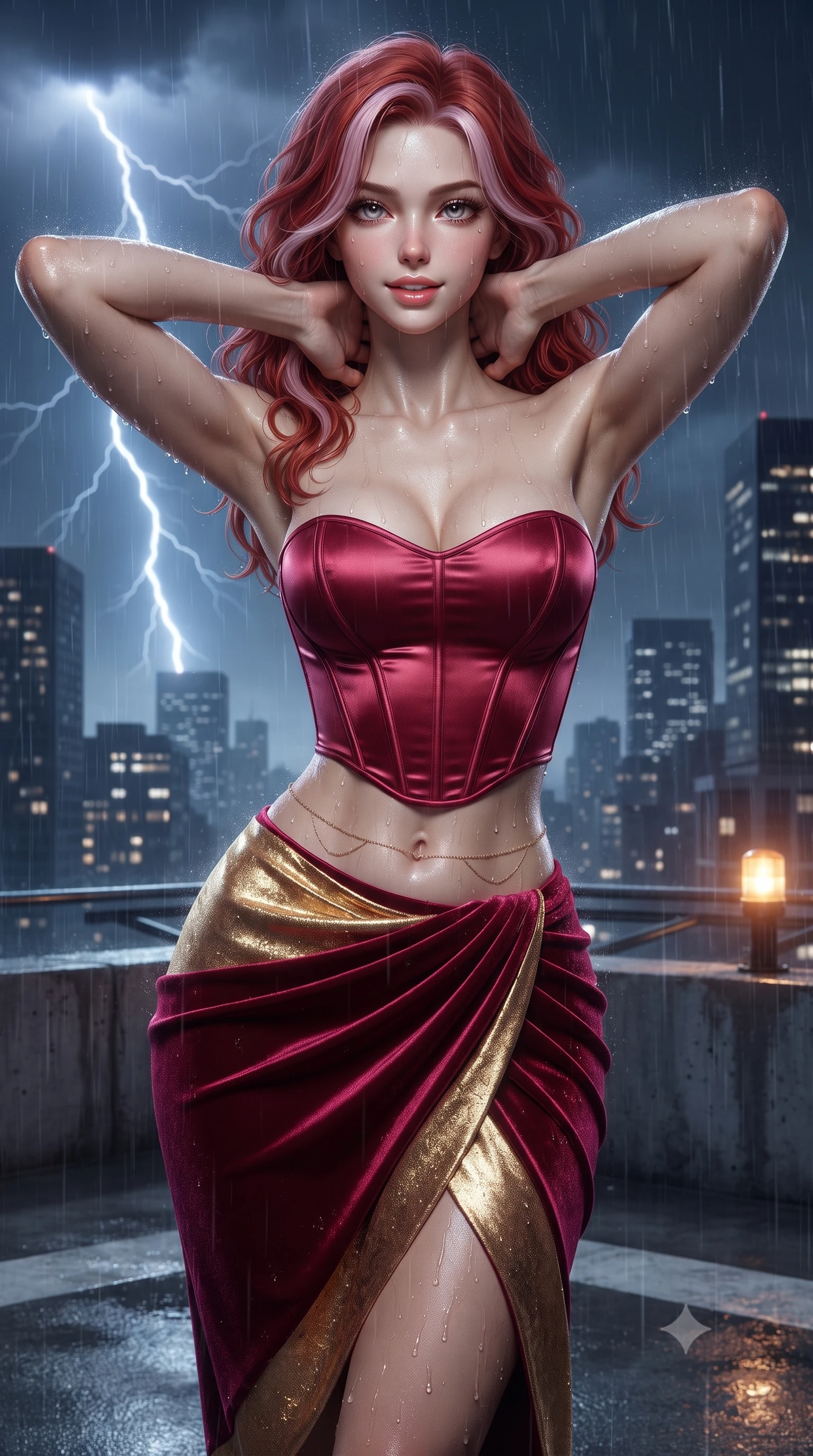 score_9, masterpiece, best quality, ultra-detailed, high-budget anime keyframe, editorial fashion photography, tasteful artistic composition, Caucasian woman. close-up cowboy shot from the waist and thighs up, the character dominates the composition, filling the frame with her large presence. resting both hands lightly behind her neck with elbows raised, arching her spine to highlight her narrow waist, flat midriff, and breathtaking collarbones while standing tall on the wet concrete helipad with hips cocked back, lightning flashing across the sky as rain traces her statuesque curves. The surrounding environment is rendered in vivid detail and crisp panoramic clarity: detailed second-skin waterproof fabric weave, rain-glistening skin sheen, and metropolitan high-rise parapet in high resolution. She has an exceptionally elegant, slender, and willowy female figure with an ultra-slim waist, flat toned midriff, narrow ribcage, and sculpted feminine hips creating an alluring, slim hourglass silhouette without bulk. sharp v-shaped jawline, high-bridge nose, sparkling eyes with hypnotic seductive depth, thick curled eyelashes, glossy parted lips with a natural dewy peach sheen, alluring bedroom-eyes with an enchanting coquettish smile, exuding magnetic siren charisma and sophisticated glamour, flawlessly proportioned anatomical accuracy, strict slender model proportions, natural body alignment, perfectly sculpted long slender limbs, ultra-slim waistline, clean dynamic posture without body distortion. wearing a strapless boned satin corset bodice paired with a draped tulip ballet wrap skirt framing her hourglass curves in royal opera house crimson velvet and shimmering gold leaf, crafted from fluid liquid silk satin that clings smoothly to every curve with a dewy sheen, accented with a dainty gold belly chain resting across her flat midriff and curving hips, the form-contouring silhouette accentuating her sculpted flat midriff, narrow delicate ribcage, and gracefully curvy hips with intoxicating allure. bathed in rhythmic amber helipad beacon flashes paired with cool lightning ambient strobes. ultra-reflective glossy finish, specular highlights, rich textural contrasts, high-contrast stereoscopic depth, volumetric dynamic lighting, 2k, ultra detail, master piece, 9:16 ratio