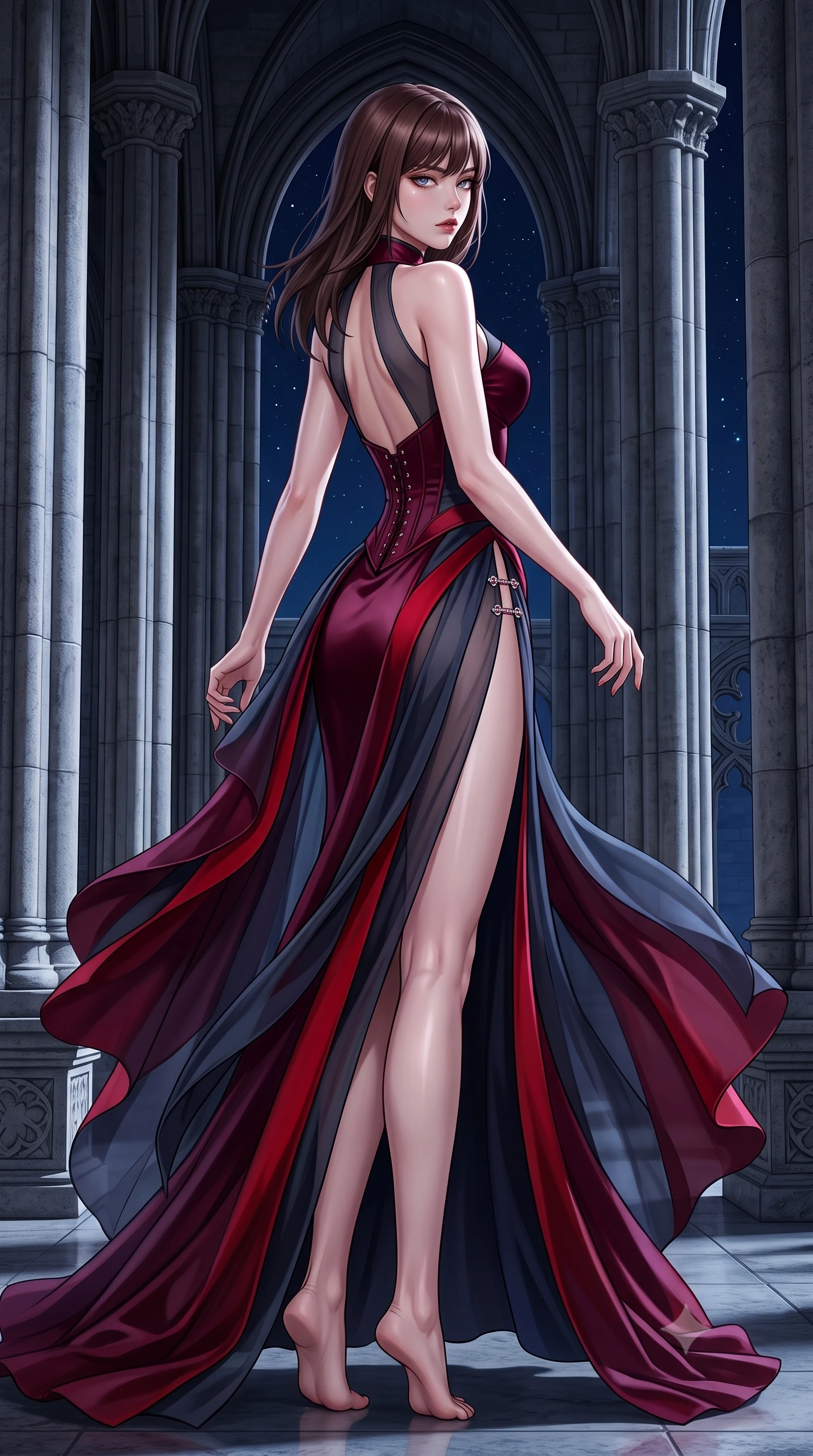 score_9, masterpiece, best quality, ultra-detailed, high-budget anime keyframe, semi-realistic 3D game render, editorial fashion photography, tasteful artistic composition, Korean woman. low angle full-body shot from head to toe showing her feet, filling the entire 9:16 vertical frame with her statuesque presence, stretching her vertical silhouette. executing an elegant mid-motion turn as garments swirl around her slender limbs, glancing over her shoulder with smoldering allure while standing poised between towering fluted stone columns, eyes glowing with hypnotic intensity under the velvet night sky. The surrounding environment is rendered in vivid detail and crisp panoramic clarity. monumental high-contrast gothic chiaroscuro and sacred nocturnal architecture in sharp clarity. She has an absolutely perfect, statuesque 8.5-heads proportion, an exceptionally tall and slender model-like female figure with impossibly long slender legs, a toned flat midriff, and an ultra-slim waist. sharp v-shaped jawline, high-bridge nose, intricate jewel-like eyes with depth, thick eyelashes, glossy parted lips with a natural sheen, intensely captivating and seductive expression, flawlessly proportioned anatomical accuracy, strict slender model proportions, natural body alignment, perfectly sculpted long slender limbs, ultra-slim waistline, clean dynamic posture without body distortion. wearing a high-collar burgundy duchess satin gown with asymmetrical sheer side panels and thigh slit in midnight slate and deep scarlet accents, made of fluid silk crepe with delicate inner corsetry boning, finished with an ultra-high side slit secured by miniature jeweled clasps, the precision-cut daring openings accentuating her delicate midriff, graceful bare collarbones, and ultra-slim feminine waistline. illuminated by crisp specular highlights defining her sculpted jawline, bare spine, and long limbs. highly saturated vibrant anime colors, detailed shading with soft gradients, rich glossy textures, high-contrast stereoscopic depth, volumetric dynamic lighting, master piece, 9:16 ratio