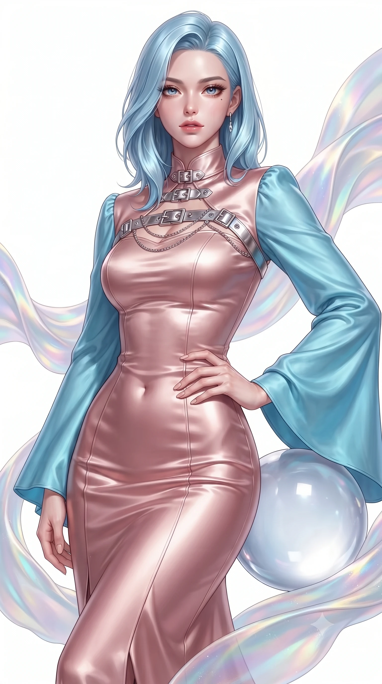 score_9, masterpiece, best quality, ultra-detailed, high-budget anime keyframe, editorial fashion photography, tasteful artistic composition, Korean woman. close-up cowboy shot from the waist and thighs up, the character dominates the composition, filling the frame with her large presence, background elements kept in soft focus. Holding a confident power pose with one hand on her hip, resting against a floating glass sphere amidst swirling opal fabric streams, pure white void background providing absolute focus on character and outfit. She has an exceptionally elegant, slender, and willowy female figure with an ultra-slim waist, a gracefully sculpted slender torso, and a refined silhouette. sharp v-shaped jawline, high-bridge nose, intricate jewel-like eyes with depth, thick eyelashes, glossy lips with a natural sheen. wearing gothic high-collar rose-gold silk evening gown with long bell sleeves in sky blue turquoise, made of soft rose-gold satin, framed by polished silver buckles and delicate chain details, sculpting her athletic slender build with refined precision. surrounded by a luminous iridescent aura with soft rim lights. ultra-reflective glossy finish, specular highlights, metallic sheen, high-contrast stereoscopic depth, volumetric dynamic lighting, 2k, ultra detail, master piece, 9:16 ratio