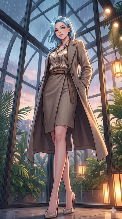 score_9, masterpiece, best quality, ultra-detailed, high-budget anime keyframe, vibrant anime aesthetic, Korean woman. low angle full-body shot from head to toe showing her feet, filling the entire 9:16 vertical frame with her statuesque presence, st