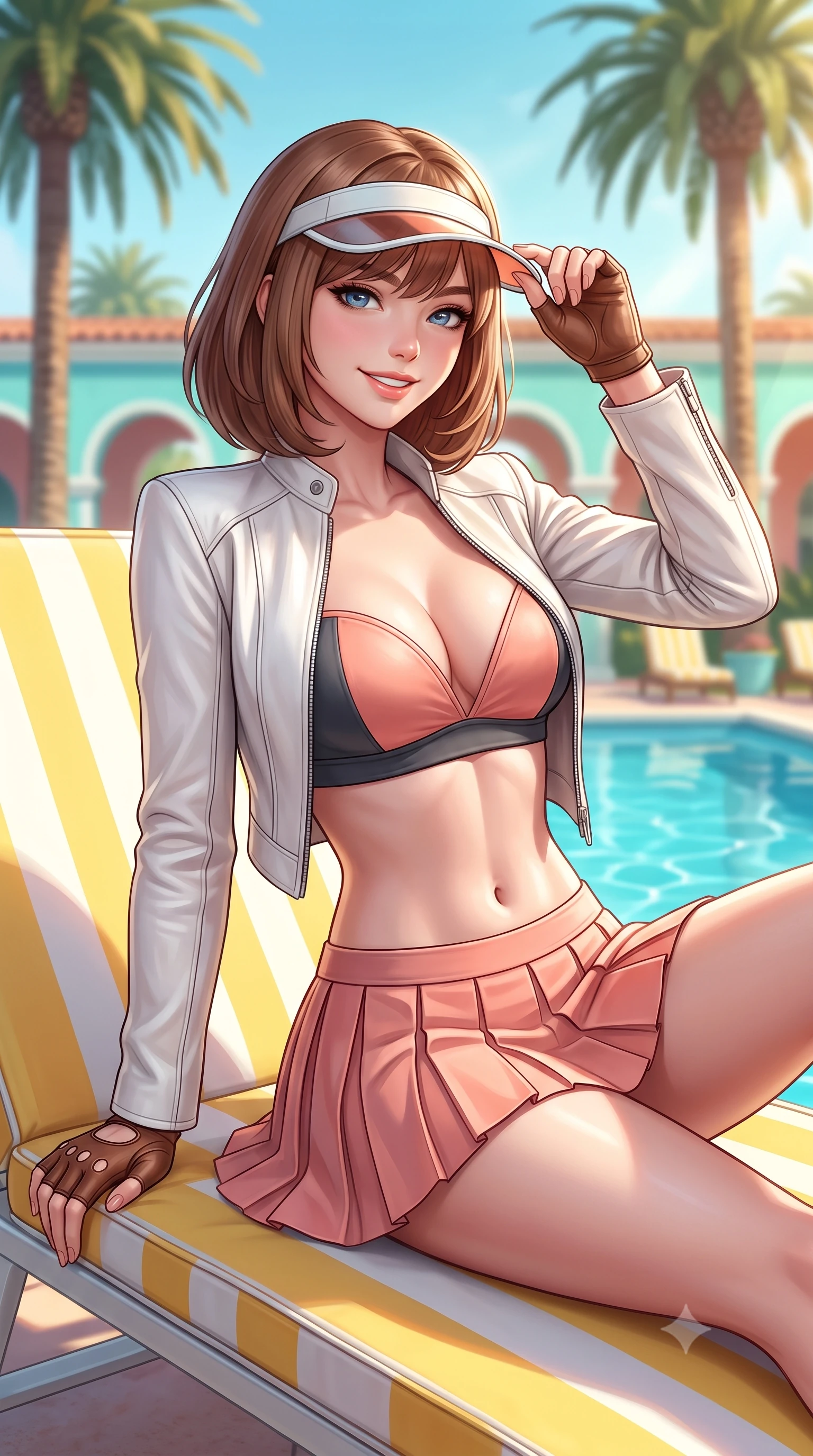 score_9, masterpiece, best quality, ultra-detailed, high-budget anime keyframe, semi-realistic 3D game render, editorial fashion photography, tasteful artistic composition, Caucasian woman. close-up cowboy shot from the waist and thighs up, the character dominates the composition, filling the frame with her large presence. tilting her head with a cute beaming smile while arching her spine with athletic poise, one hand adjusting her racing visor in a flirtatious S-curve while lounging across a yellow-and-white striped sun lounger with legs extended, her sporty old-money tennis outfit radiant in the sun. The background shows a soft-focus towering Beverly Hills royal palms, crystal turquoise pool water, and Spanish revival club arches blurred into pastel turquoise, honey, and coral bokeh. She has an exceptionally elegant, slender, and willowy female figure with an ultra-slim waist, flat toned midriff, narrow ribcage, and sculpted feminine hips creating an alluring, slim hourglass silhouette without bulk. sharp v-shaped jawline, high-bridge nose, sparkling eyes with athletic focus and depth, thick curled eyelashes, glossy parted lips with a natural coral-peach sheen, bright confident and coquettish smile with alluring bedroom-eyes, exuding both youthful sporty vigor and sovereign high-society glamour, flawlessly proportioned anatomical accuracy, strict slender model proportions, natural body alignment, perfectly sculpted long slender limbs, ultra-slim waistline, clean dynamic posture without body distortion. wearing a tailored white blazer worn open over a plunging racing bandeau top and pleated tennis micro-skirt in pastel peach blossom and matte carbon grey, crafted from supple buttery lambskin racing leather with a satin sheen, accented with a sporty retro tennis visor and fingerless leather driving gloves, the form-fitting tailored bodice adhering flawlessly to her sculpted flat midriff and slender torso, emphasizing her long leg lines and perfectly proportioned willowy build. illuminated by water caustic bounce and sharp platinum rim lights defining her sculpted collarbones, ultra-slim waist, and curvy hips. highly saturated vibrant anime colors, detailed shading with soft gradients, rich glossy textures, high-contrast stereoscopic depth, volumetric dynamic lighting, master piece, 9:16 ratio