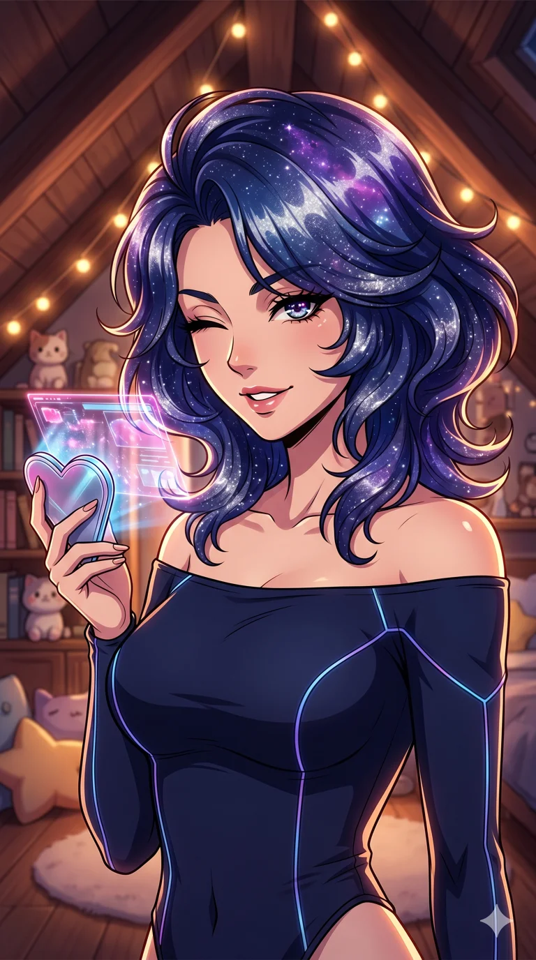score_9, masterpiece, best quality, ultra-detailed, high-budget anime keyframe, vibrant colors and expressive line art, an incredibly beautiful Japanese woman. Medium shot of upper body focusing on her alluring and cute features and her galaxy-themed hair featuring deep midnight blue with sparkling silver and purple stardust highlights, filling the vertical 9:16 frame. She is winking playfully while holding a heart-shaped holographic device. She has a sharp v-shaped jawline, high-bridge nose, intricate jewel-like eyes, thick eyelashes, and glossy lips. She possesses an absolutely perfect 8-heads proportion and a slim-fit silhouette. She is wearing a tight-fitting off-shoulder tech-wear top with glowing fiber-optic seams, highlighting her alluring silhouette. a cozy attic bedroom filled with fairy lights and plushies, dramatic rim lighting, cinematic shadows, 2k, ultra detail, master piece, 9:16 ratio