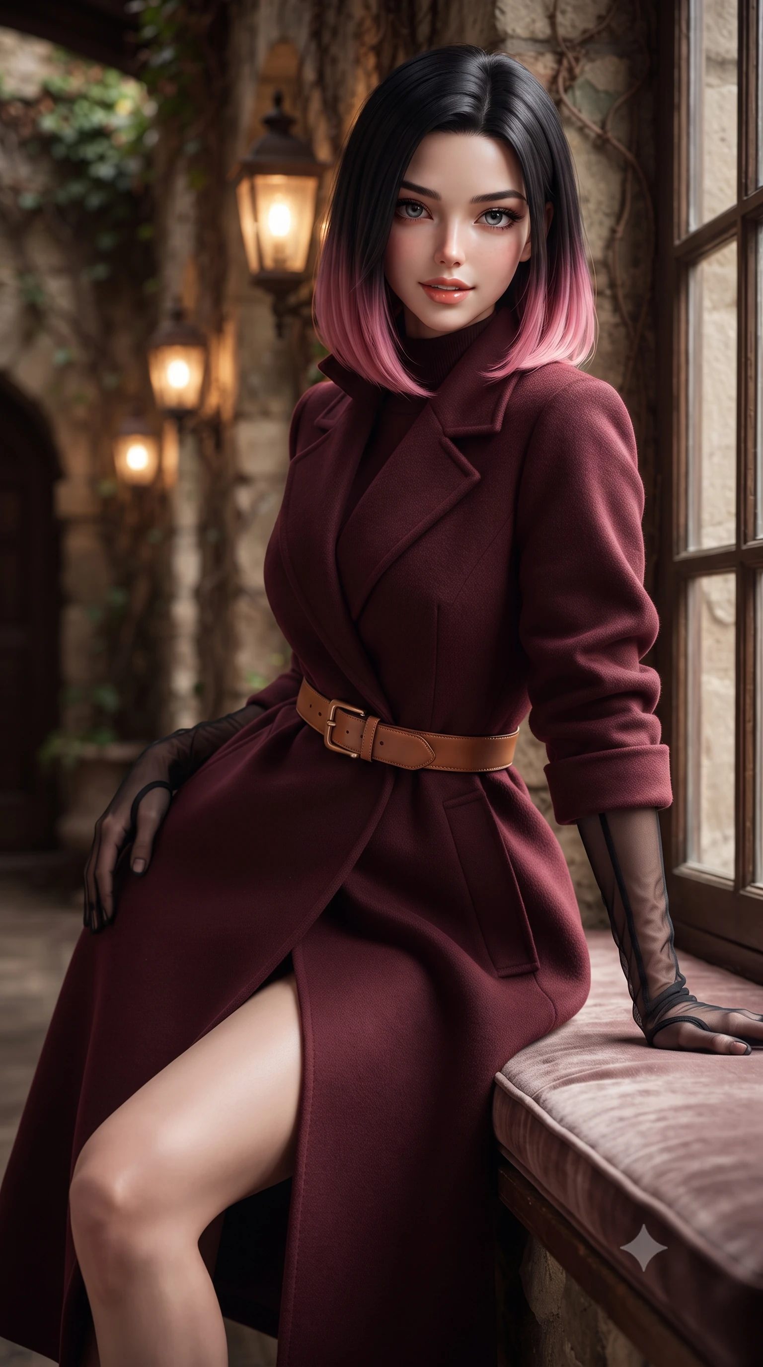 score_9, masterpiece, best quality, ultra-detailed, high-budget anime keyframe, editorial fashion photography, tasteful artistic composition, Korean woman. close-up cowboy shot from the waist and thighs up, the character dominates the composition, filling the frame with her large presence. leaning forward while arching her lower back to accentuate her curvy hips, looking into the camera with an intoxicating smoldering gaze and bedroom-eyes while sitting perched gracefully on the window seat with legs crossed, flashing an enchanting smile with parted glossy lips. The background shows a soft-focus warm iron lantern sconces softened in historic secret passageway shallow focus. She has an exceptionally elegant, slender, and willowy female figure with an ultra-slim waist, flat toned midriff, narrow ribcage, and sculpted feminine hips creating an alluring, slim hourglass silhouette without bulk. sharp v-shaped jawline, high-bridge nose, intricate jewel-like sparkling eyes with depth, thick eyelashes, glossy parted lips with a natural peach sheen, bright cheerful beaming smile with an enchanting and coquettish sensual glint, exuding both youthful cute charm and seductive allure, flawlessly proportioned anatomical accuracy, strict slender model proportions, natural body alignment, perfectly sculpted long slender limbs, ultra-slim waistline, clean dynamic posture without body distortion. wearing an elegant high-collar Tuscan cashmere wrap coat dress cinched with an artisanal leather buckle belt in Franschhoek vineyard pinotage burgundy and oak honey, crafted from bespoke double-faced cashmere with an exceptionally soft tactile finish, complemented by sheer opera-length evening gloves tracing her slender arms, the bespoke structured tailoring following the natural line of her 8.5-heads silhouette with refined elegance. illuminated by window frame reflection bounce and sharp honey-gold rim lights defining her razor-sharp jawline, narrow waist, and curvy hips. ultra-reflective glossy finish, specular highlights, rich textural contrasts, high-contrast stereoscopic depth, volumetric dynamic lighting, 2k, ultra detail, master piece, 9:16 ratio
