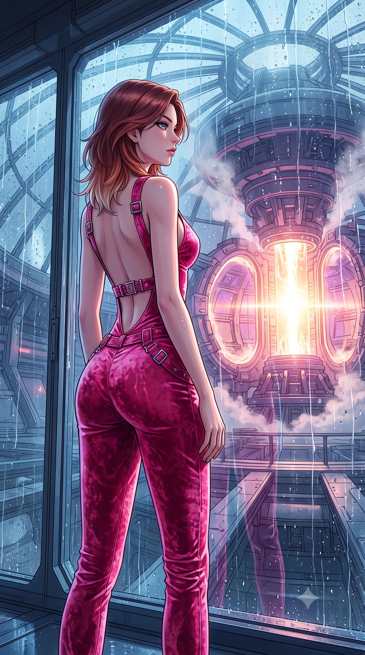 score_9, masterpiece, best quality, ultra-detailed, High-budget Anime Keyframe, East Asian woman. Low angle cowboy shot filling the entire 9:16 frame with her statuesque presence. Scenario 454: looking out at the rain through a wet glass window near a secret bio-dome containing a giant glowing fusion reactor. Her presence is magnetic and overpowering in this high-budget anime scene. Outfit 454: a body-hugging hot pink crushed velvet jumpsuit with a dramatic backless design and metallic buckles. The clothing is designed to emphasize her exceptionally tall and slender 8-heads proportion. 8-heads proportion, towering silhouette, ultra-slim waist. sharp v-shaped jawline, intricate jewel-like eyes with depth, thick eyelashes, glossy lips. 2k, ultra detail, master piece, 9:16 ratio