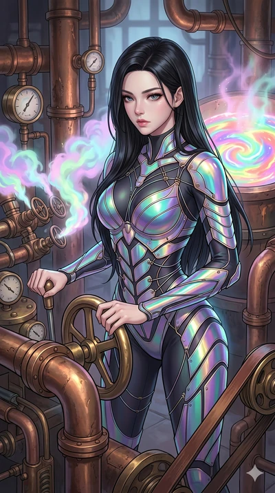 score_9, masterpiece, best quality, ultra-detailed, high-budget anime keyframe, Korean woman. upper body close-up from the thighs up, character filling the screen for maximum presence. operating a steampunk aurora foundry surrounded by massive copper